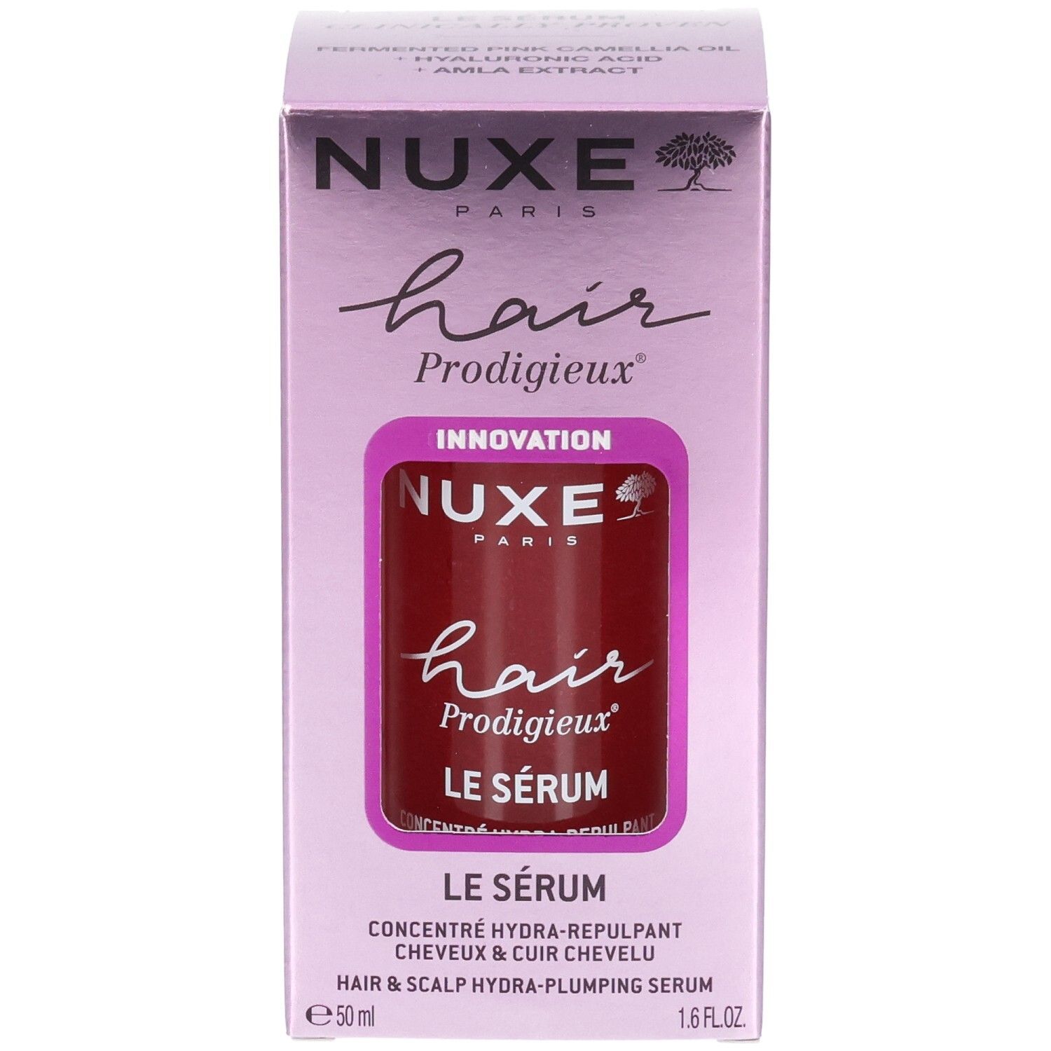Voorkant van de verpakking van Nuxe Hair Prodigieux Serum. Fles zichtbaar. Opschriften: merk, productnaam.