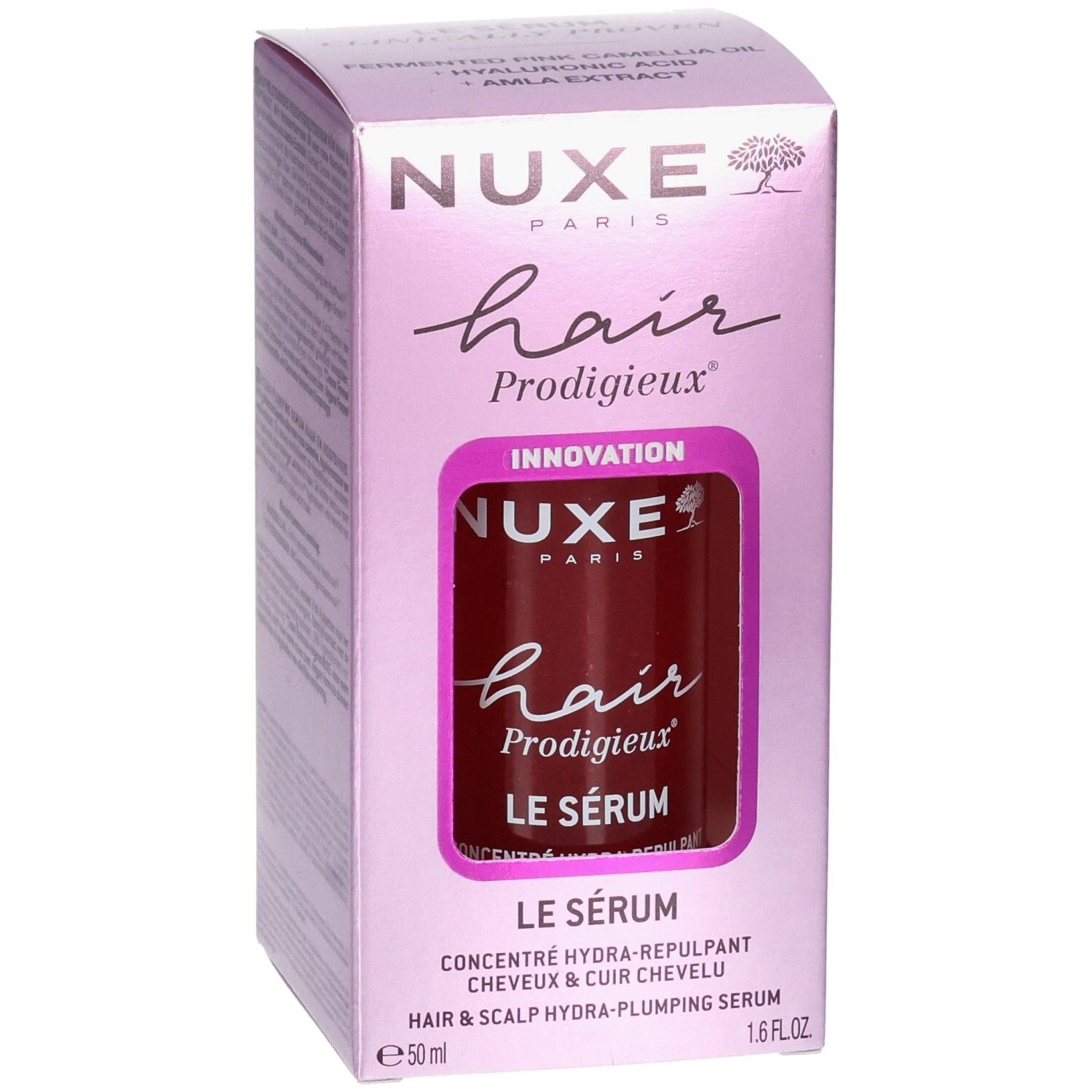 Voorkant van de verpakking van Nuxe Hair Prodigieux Serum. Fles zichtbaar. Opschriften: merk, productnaam.