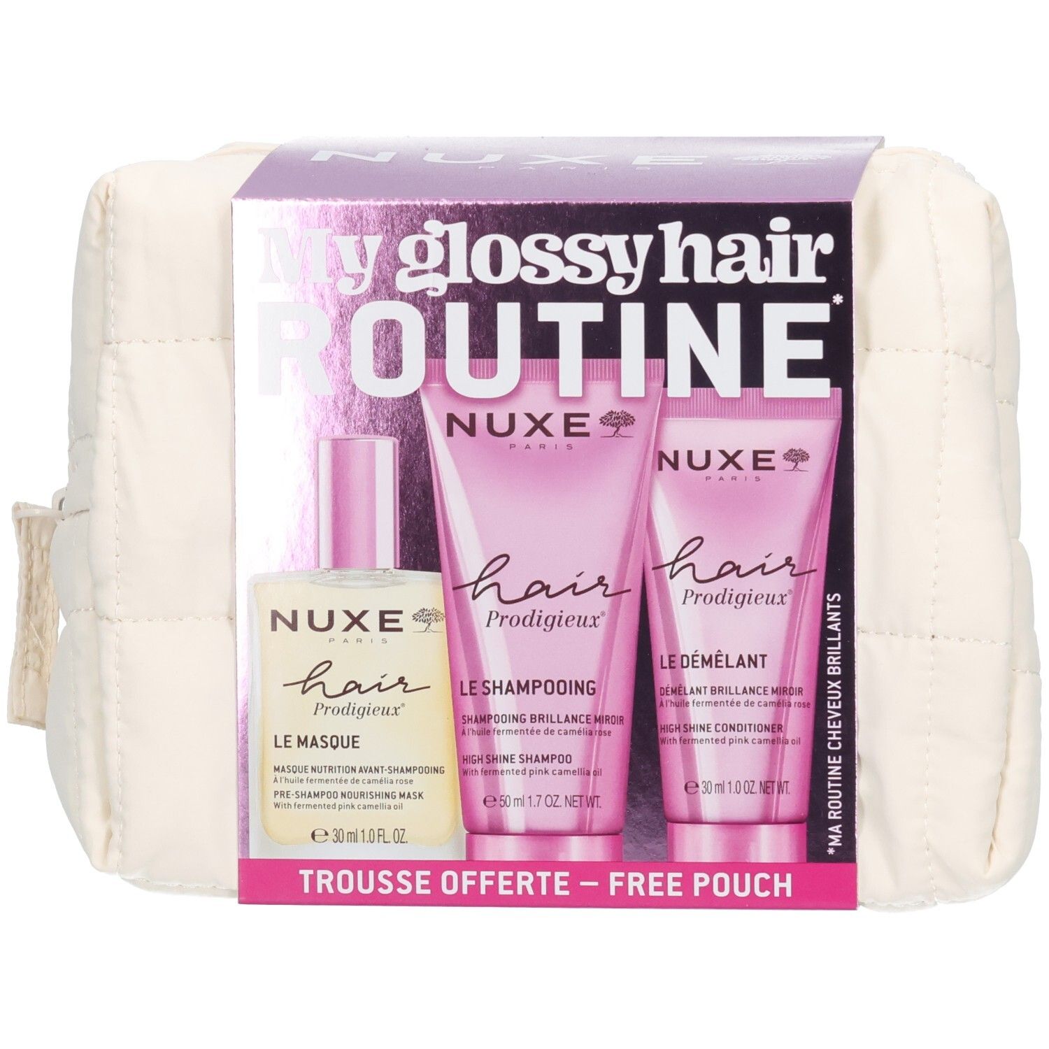Beige toilettas met Nuxe Hair Prodigieux set. Bevat shampoo, conditioner en masker. Tekst: "My glossy hair routine".