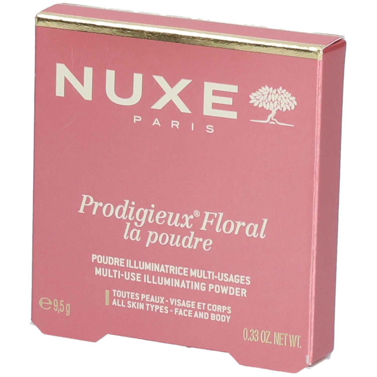 Roze doos. NUXE Paris bovenaan. Prodigieux Floral la poudre eronder. Multi-use illuminating powder. Voor gezicht en lichaam.
