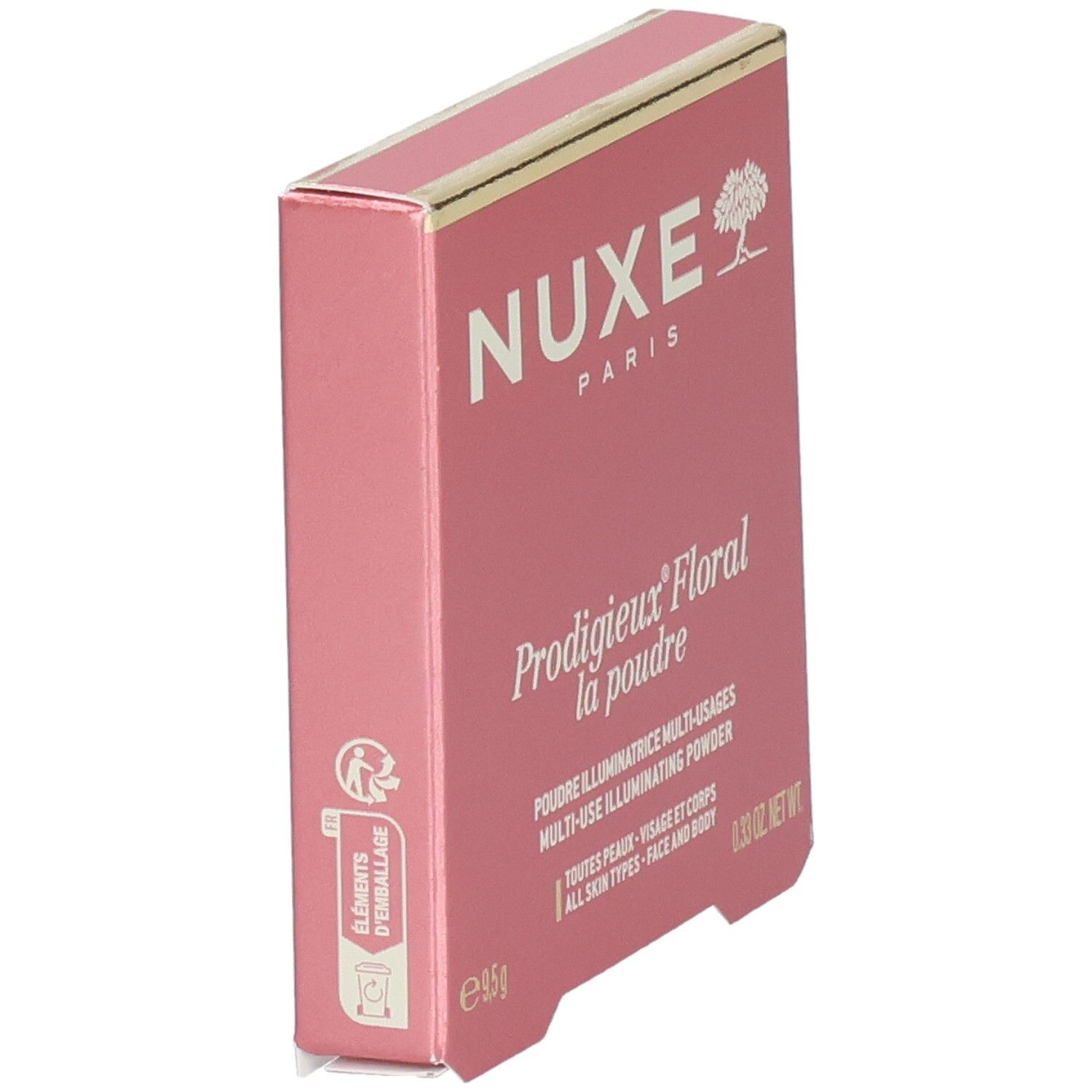 Roze doos. NUXE Paris. Prodigieux Floral la poudre. Multi-use illuminating powder. Voor gezicht en lichaam. Recyclingsymbool.