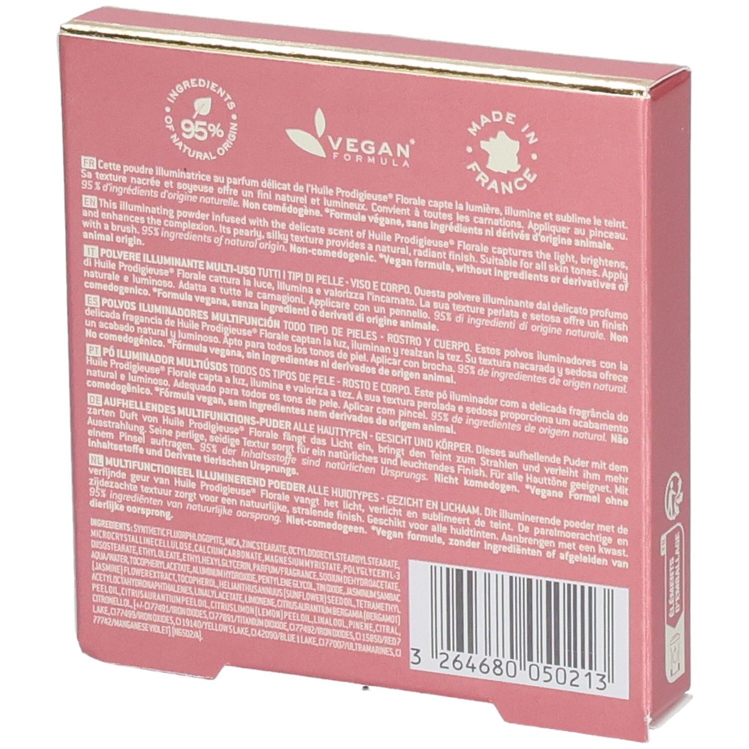Achterkant roze doos. Meertalige tekst. Veganistisch logo. Made in France. 95% natuurlijke ingrediënten. Streepjescode.