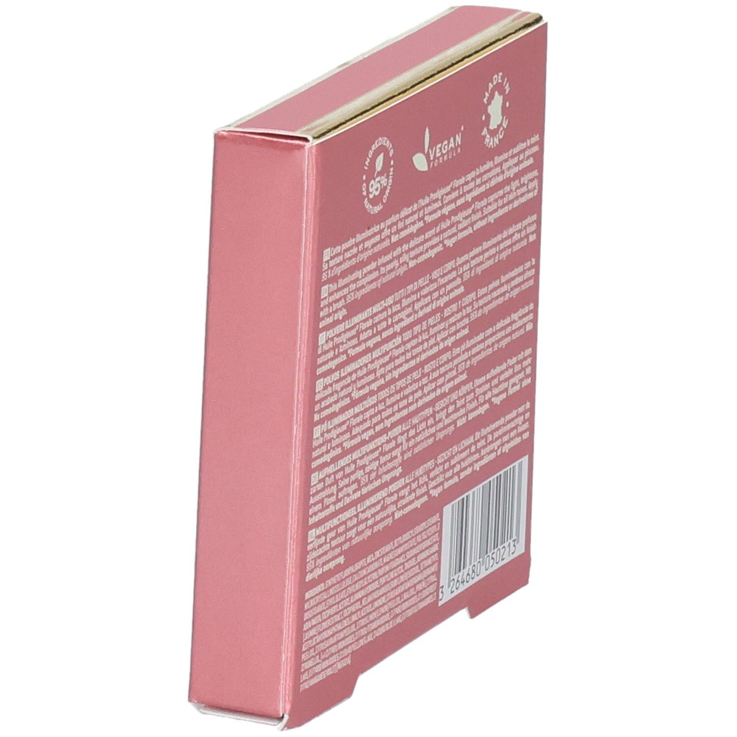 Zijkant roze doos. Meertalige tekst. Veganistisch logo. Made in France. 95% natuurlijke ingrediënten. Streepjescode.