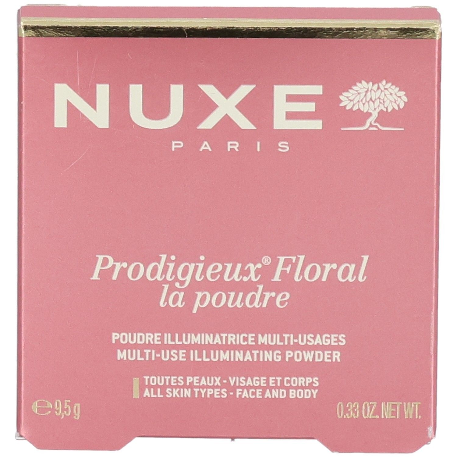 Roze doos. NUXE Paris bovenaan. Prodigieux Floral la poudre eronder. Multi-use illuminating powder. Voor gezicht en lichaam.