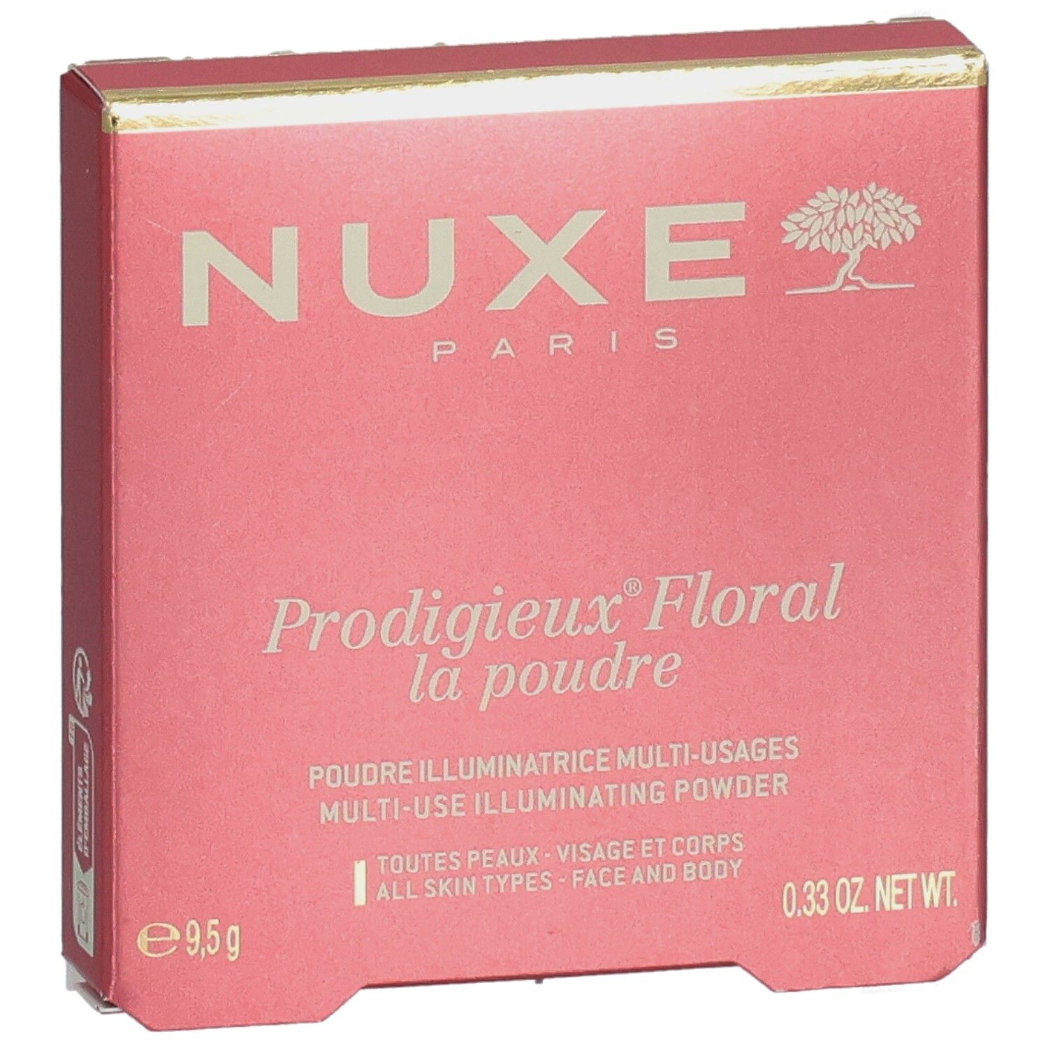 Roze doos. NUXE Paris bovenaan. Prodigieux Floral la poudre eronder. Multi-use illuminating powder. Voor gezicht en lichaam.