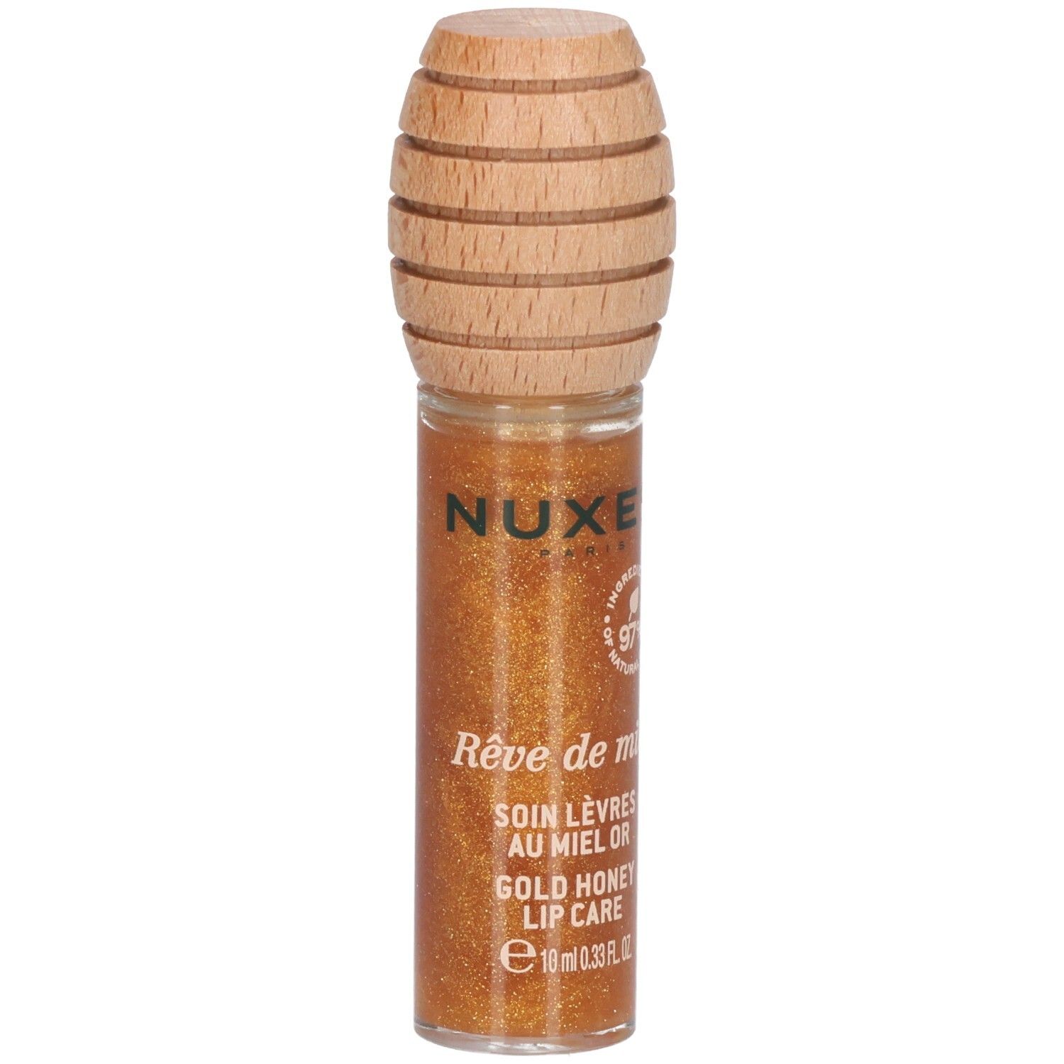 Gouden lipgloss in een glazen flesje met houten dop. Opschrift: Nuxe, Rêve de miel, Soin Lèvres au Miel Or, Gold Honey Lip Care.