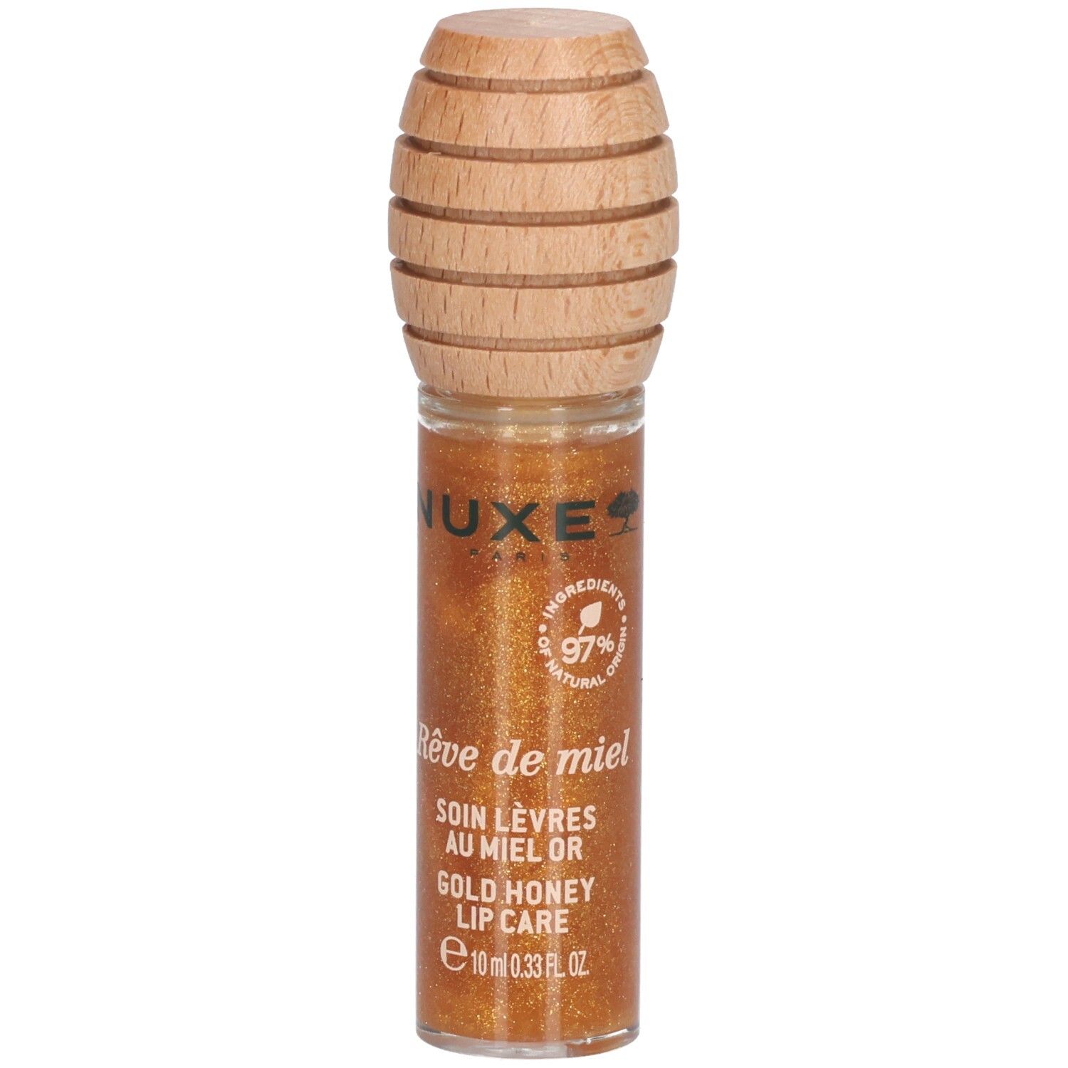 Gouden lipgloss in glazen flesje met houten dop. Opschrift: Nuxe, Rêve de miel, Soin Lèvres au Miel Or, Gold Honey Lip Care, 97% natuurlijke ingrediënten.
