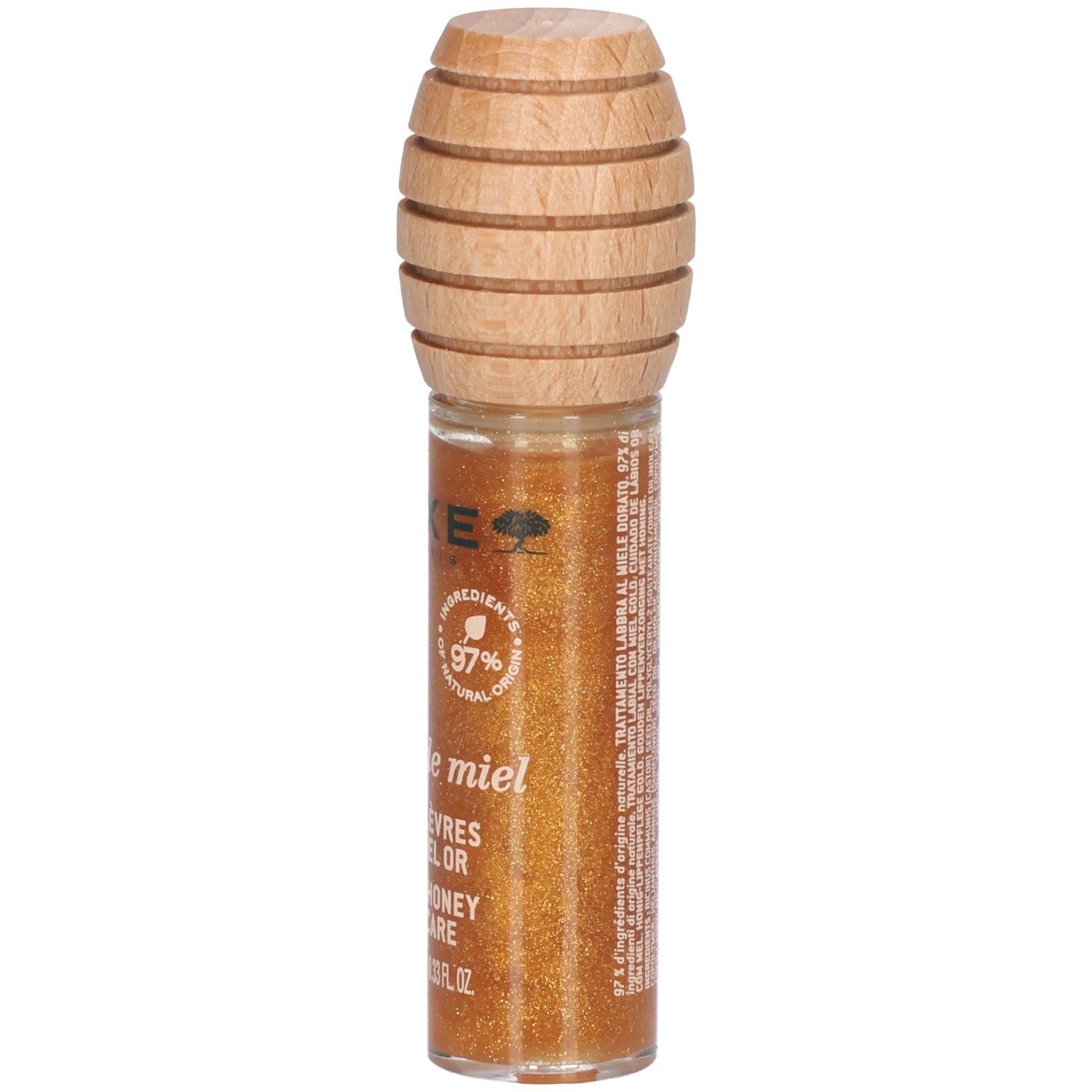 Gouden lipgloss in glazen flesje met houten dop. Opschrift: Nuxe, Rêve de miel, Soin Lèvres au Miel Or, Gold Honey Lip Care, 97% natuurlijke ingrediënten.