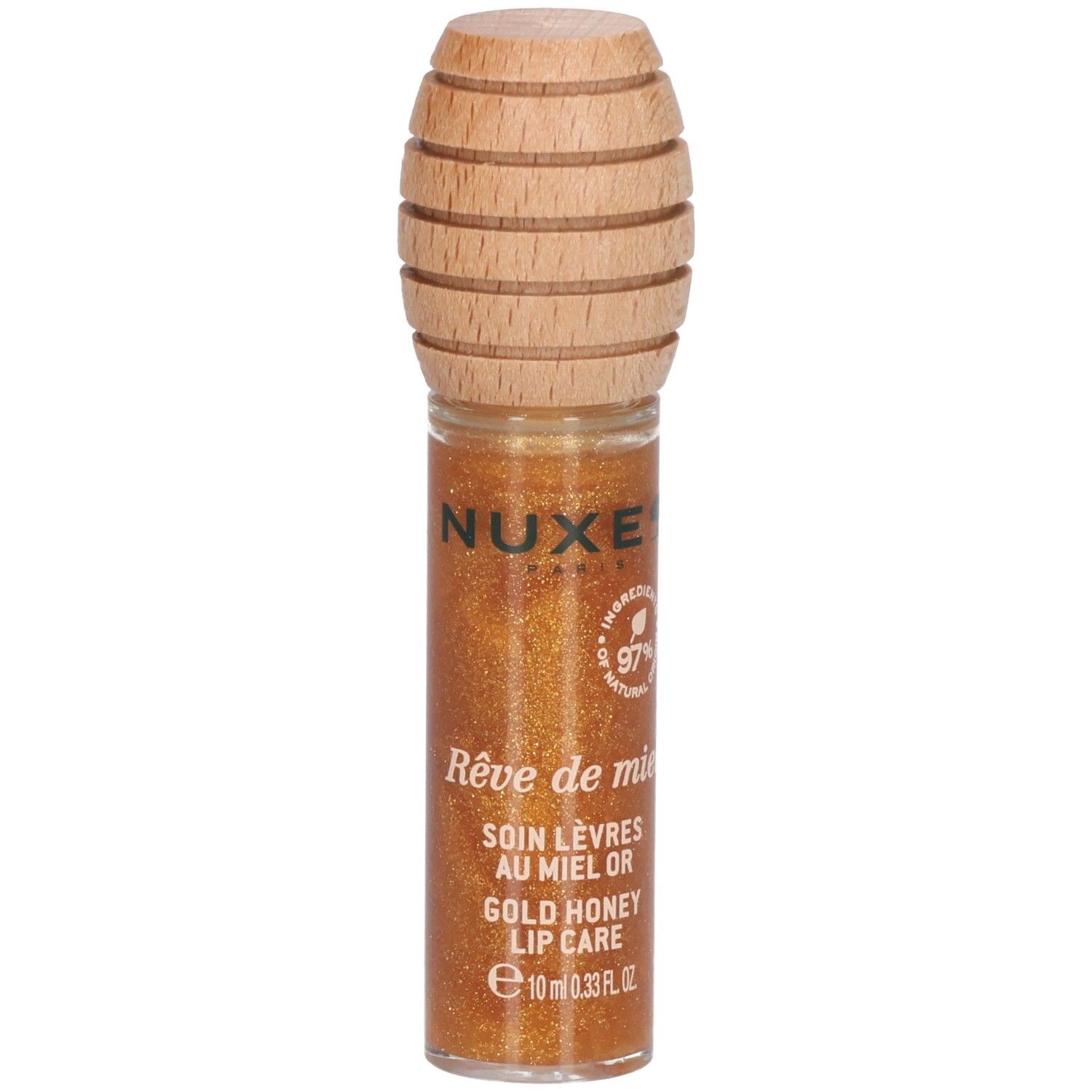 Gouden lipgloss in glazen flesje met houten dop. Opschrift: Nuxe, Rêve de miel, Soin Lèvres au Miel Or, Gold Honey Lip Care, 97% natuurlijke ingrediënten.