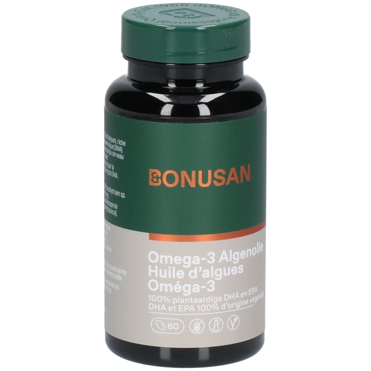 Donkere fles met groene dop. Opschrift: Bonusan, Omega-3 Algenolie, 60 capsules. Vegan keurmerk.