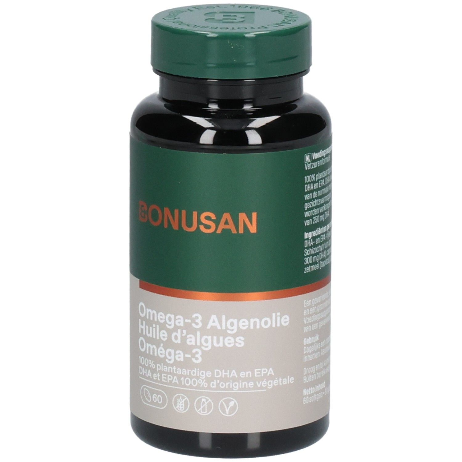 Donkere fles met groene dop. Opschrift: Bonusan, Omega-3 Algenolie, 60 capsules. Vegan keurmerk.