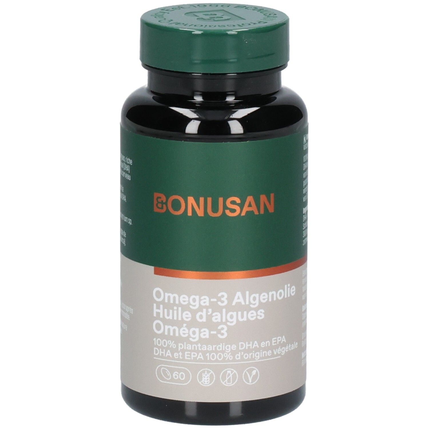 Donkere fles met groene dop. Opschrift: Bonusan, Omega-3 Algenolie, 60 capsules. Vegan keurmerk.