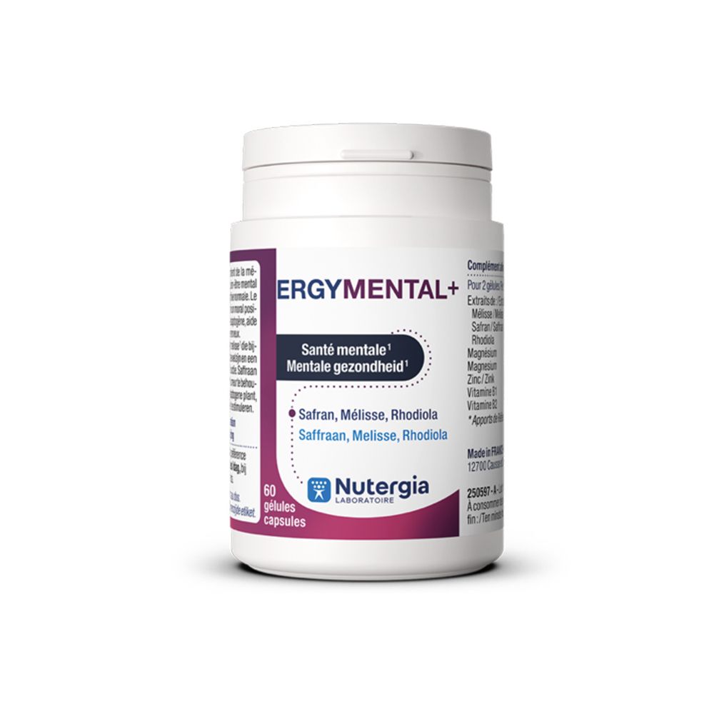 Pilulier blanc avec étiquette violette. ERGYMENTAL+ Capsules 60st. Inscription : Santé mentale, Mentale gezondheid.