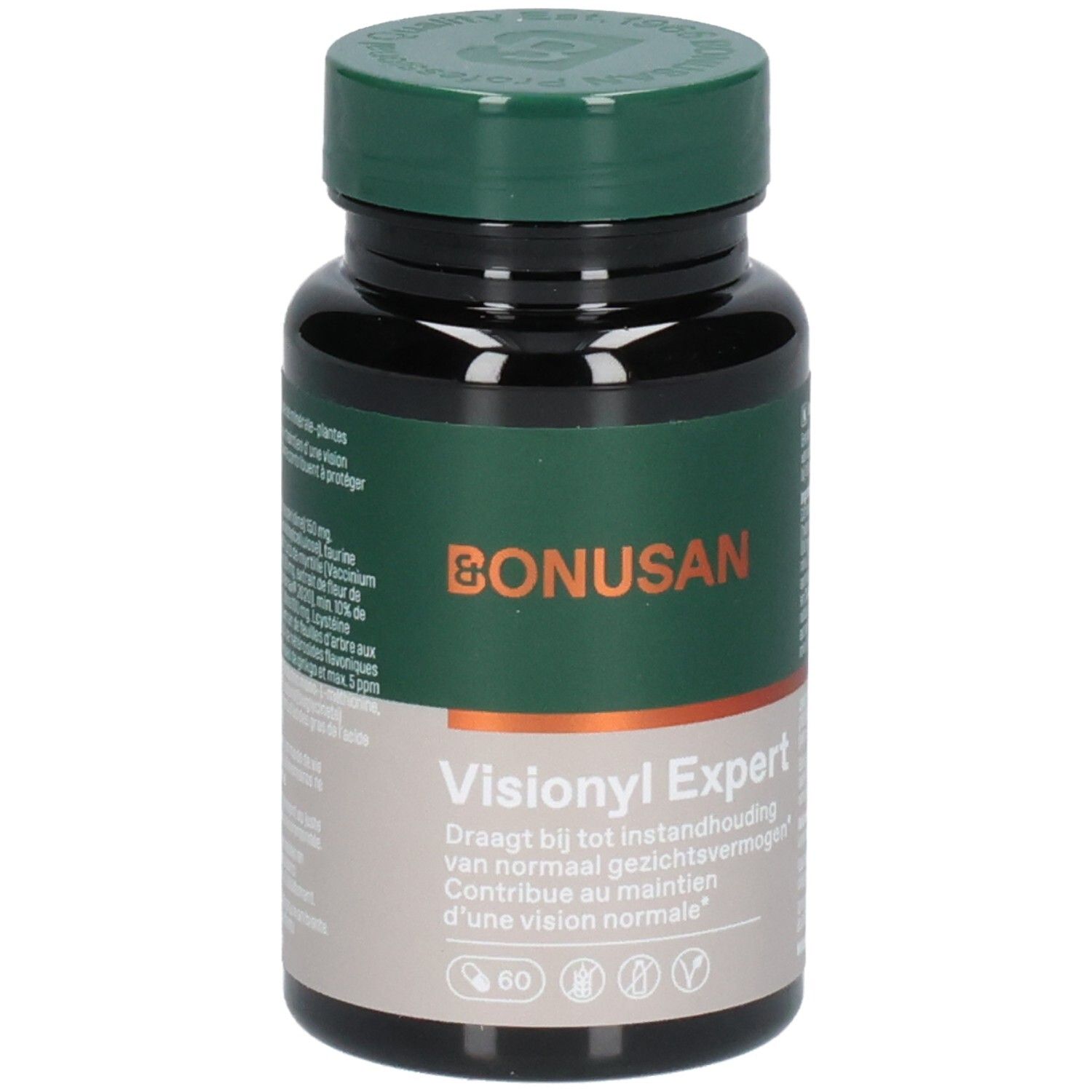 Flacon noir, bouchon vert. Inscription: Bonusan, Visionyl Expert. 60 gélules. Étiquette verte et blanche.