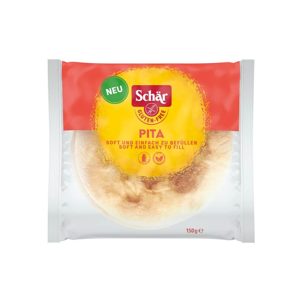 Verpakking met Schär pita's. Glutenvrij. Ronde gele sticker met tekst. Rode en witte verpakking. 150g.