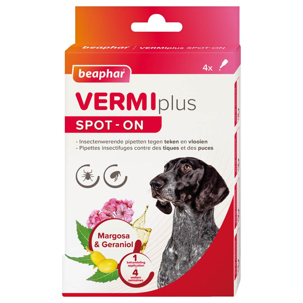 Boîte Beaphar VERMIplus SPOT-ON. Contient 4 pipettes. Illustration d'un chien, d'insectes et de plantes.