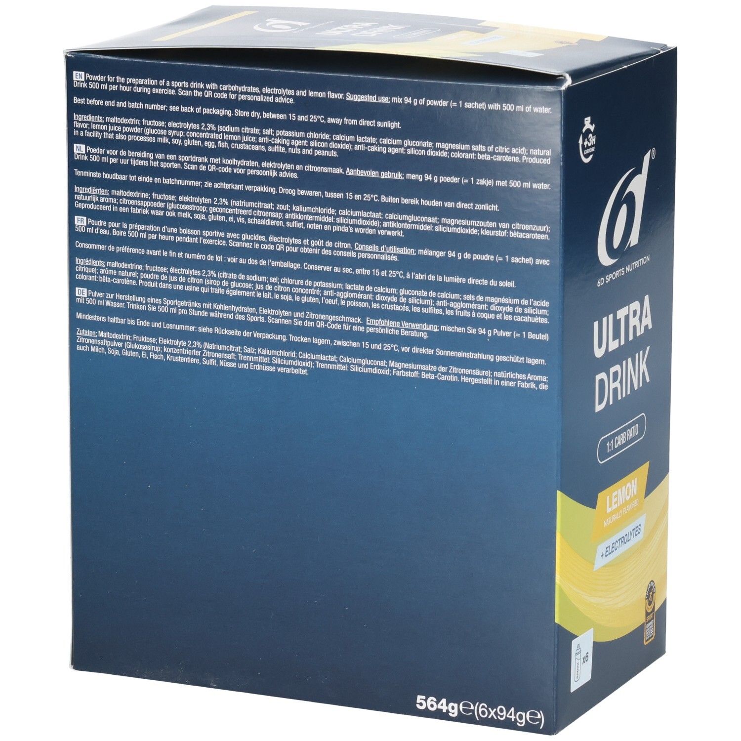 Arrière de la boîte ULTRA DRINK, 564g, avec liste des ingrédients et informations nutritionnelles.
