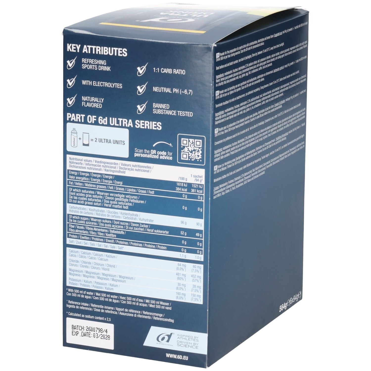 Côté de la boîte ULTRA DRINK avec attributs clés : boisson sportive, ratio glucides 1:1, électrolytes.