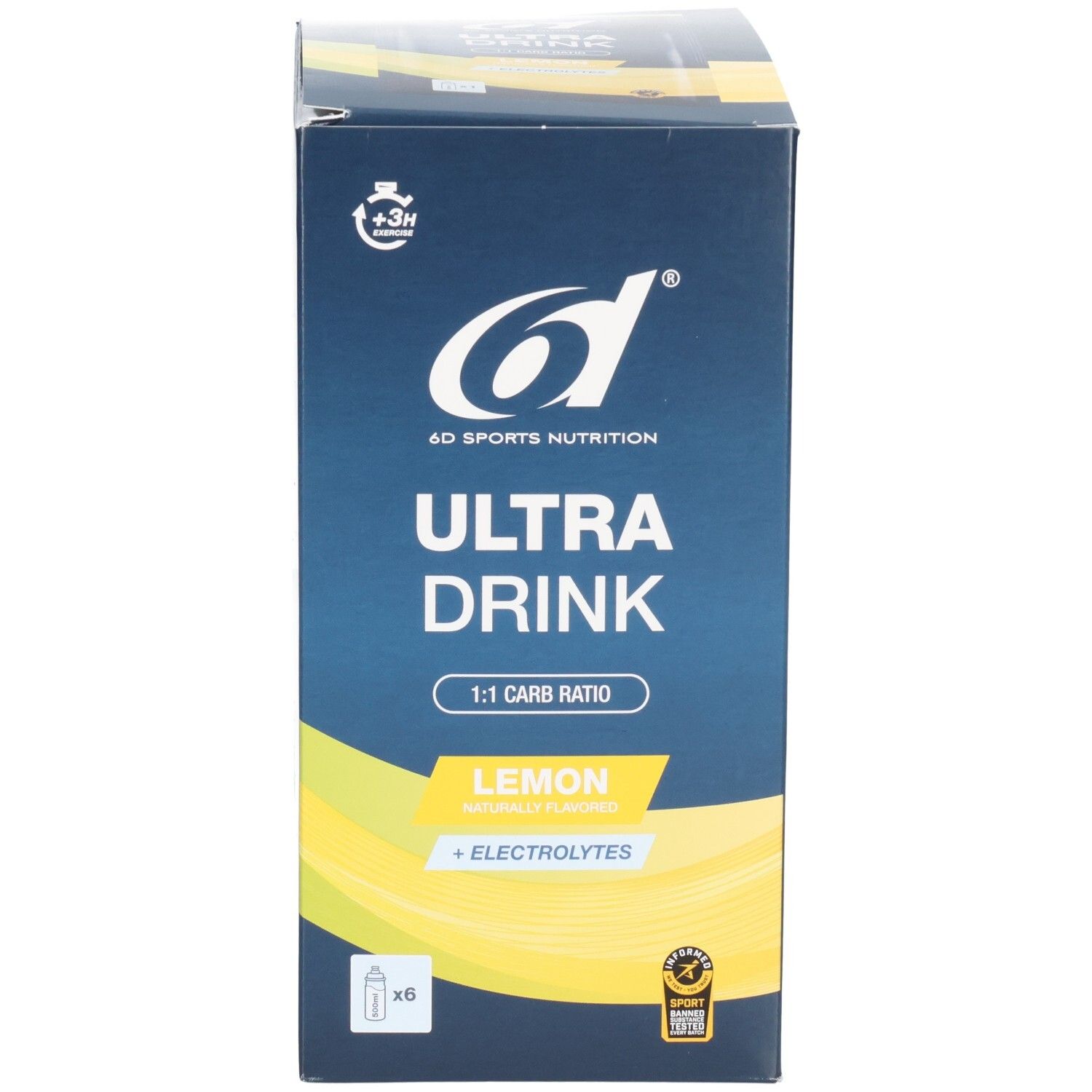 Avant de la boîte ULTRA DRINK, 6x sachets de 94g, saveur citron, avec électrolytes.