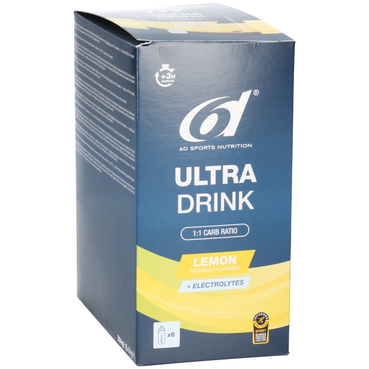 Boîte d'ULTRA DRINK, 6x sachets de 94g, saveur citron, avec électrolytes et logo.