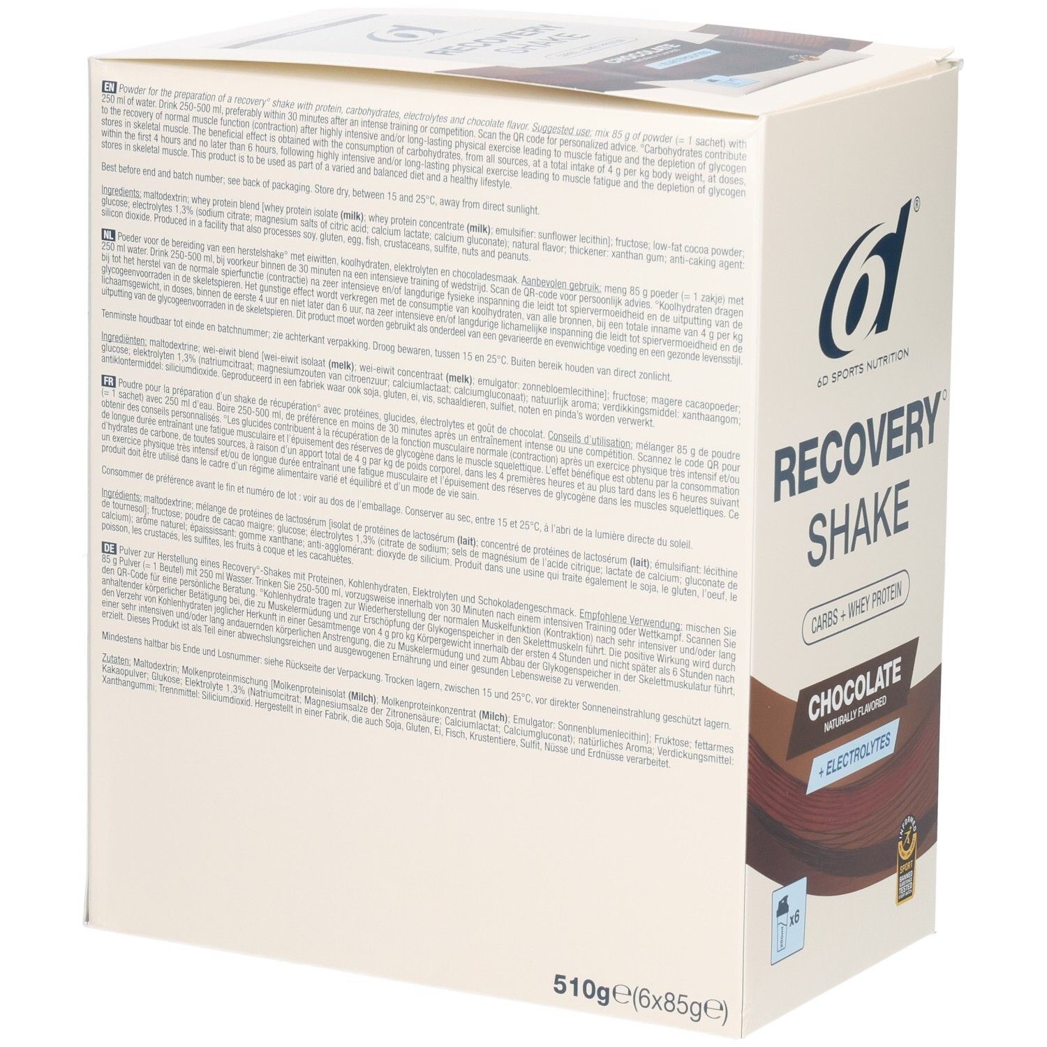 Arrière de la boîte de Recovery Shake 6d Sports Nutrition avec informations nutritionnelles et ingrédients.