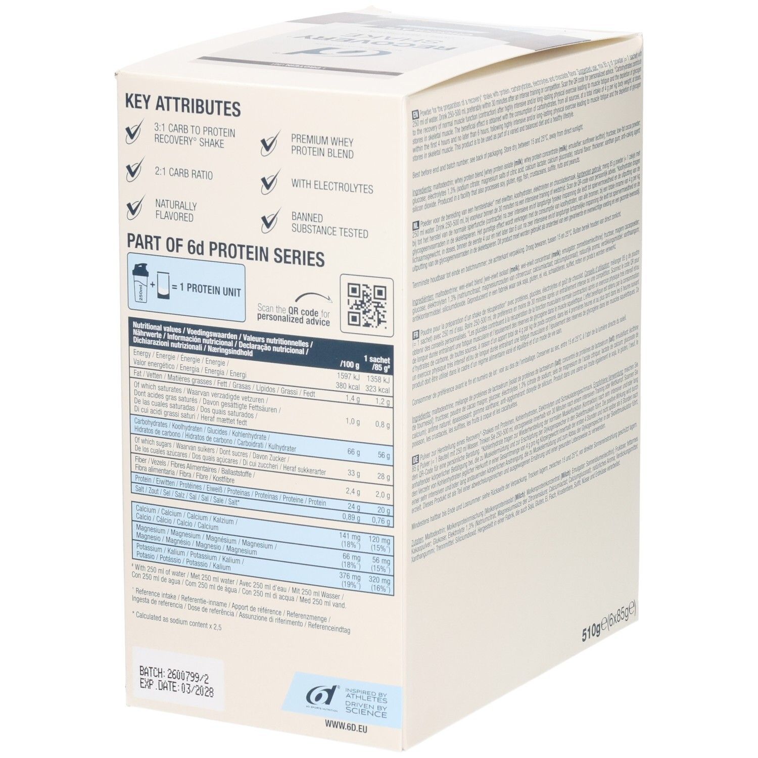 Côté de la boîte Recovery Shake 6d Sports Nutrition avec attributs clés et tableau nutritionnel.