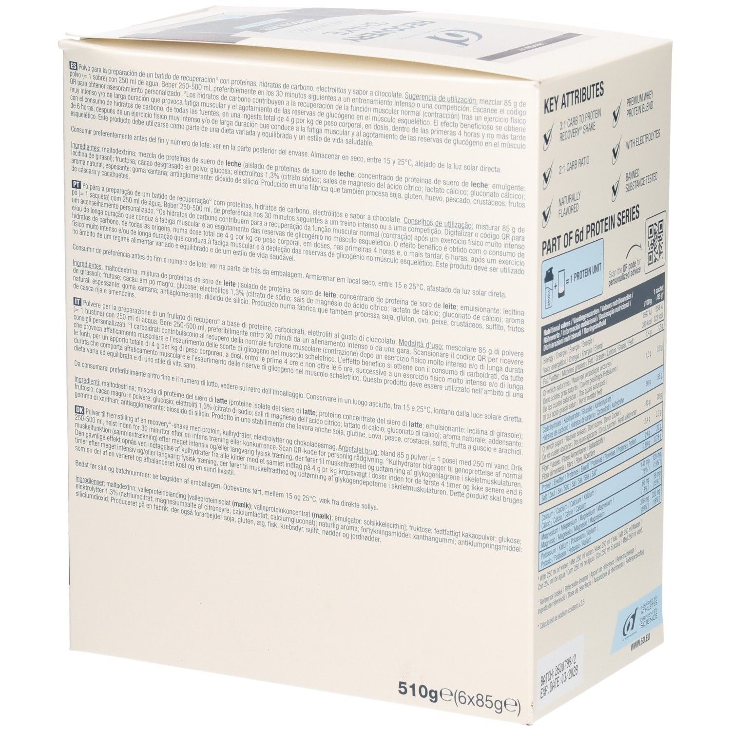 Côté de la boîte Recovery Shake 6d Sports Nutrition avec instructions d'utilisation et informations nutritionnelles.