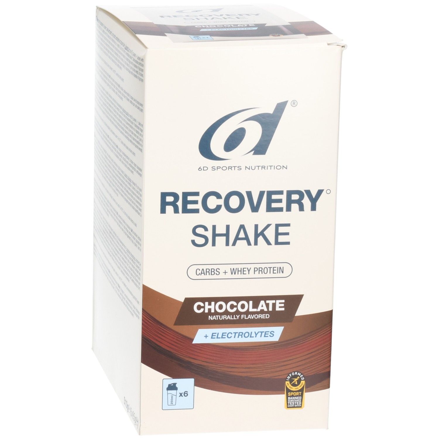 Vue de face de la boîte Recovery Shake 6d Sports Nutrition, chocolat, 6 doses.