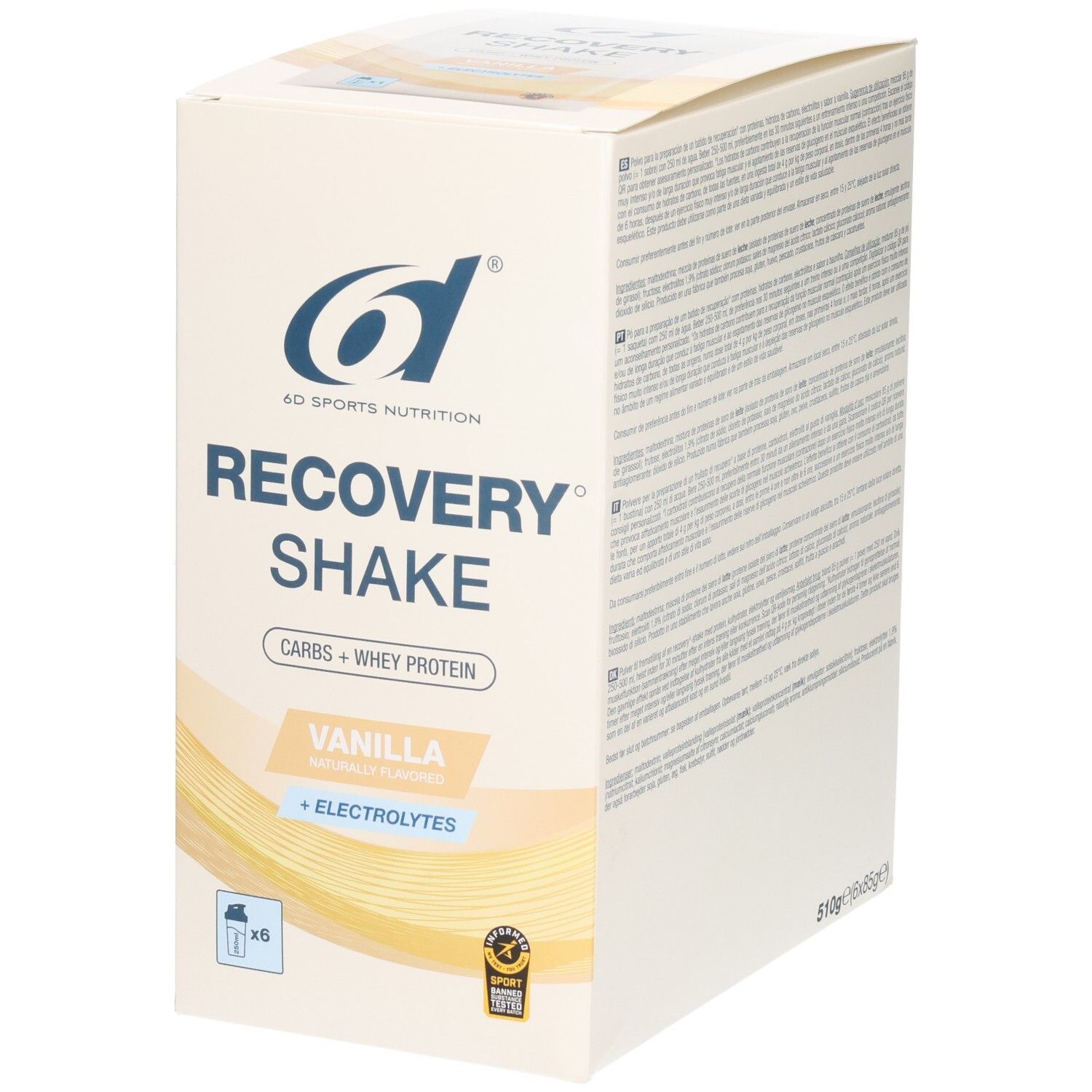 Boîte de Recovery Shake saveur vanille, 6x 85g sachets, Glucides + Protéine de lactosérum + Électrolytes.