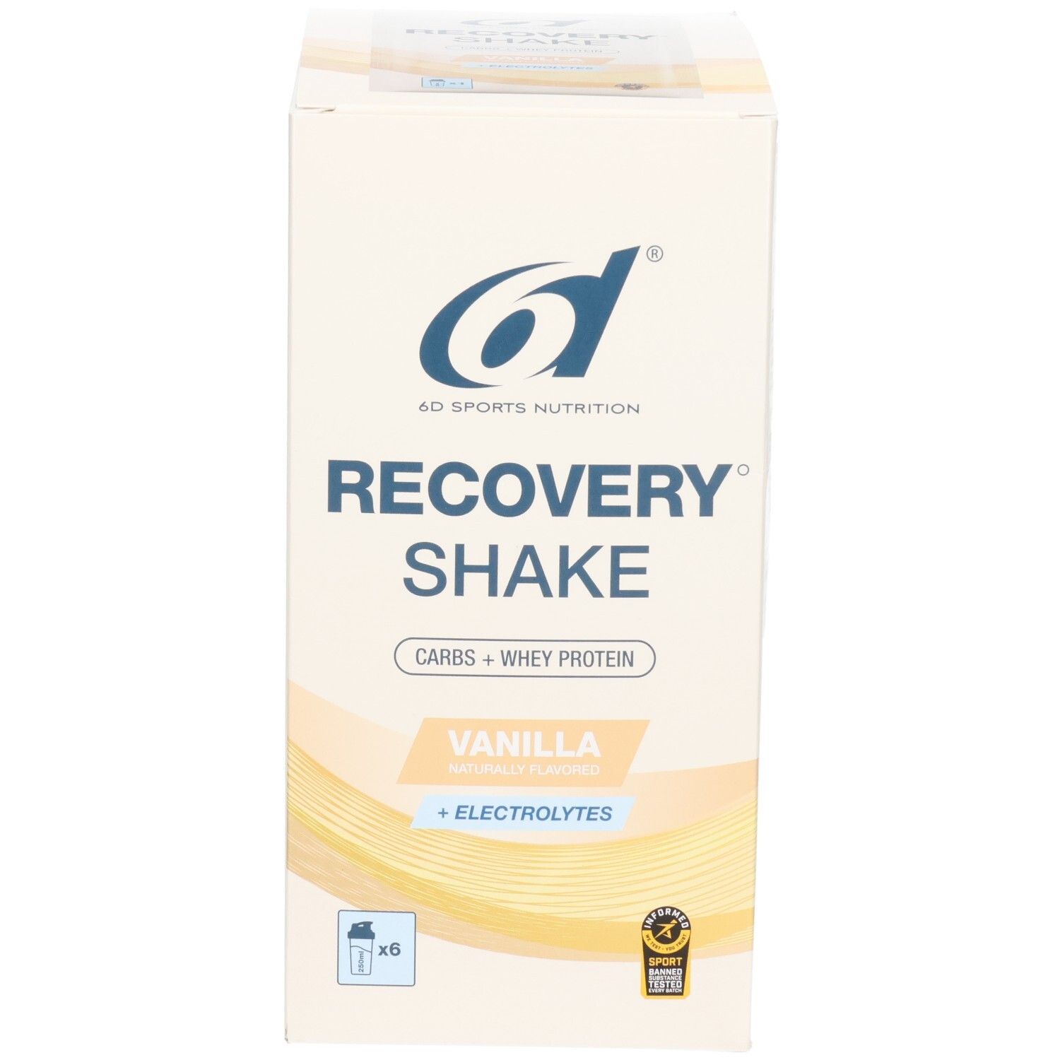 Boîte de Recovery Shake saveur vanille, 6x 85g sachets, Glucides + Protéine de lactosérum + Électrolytes.
