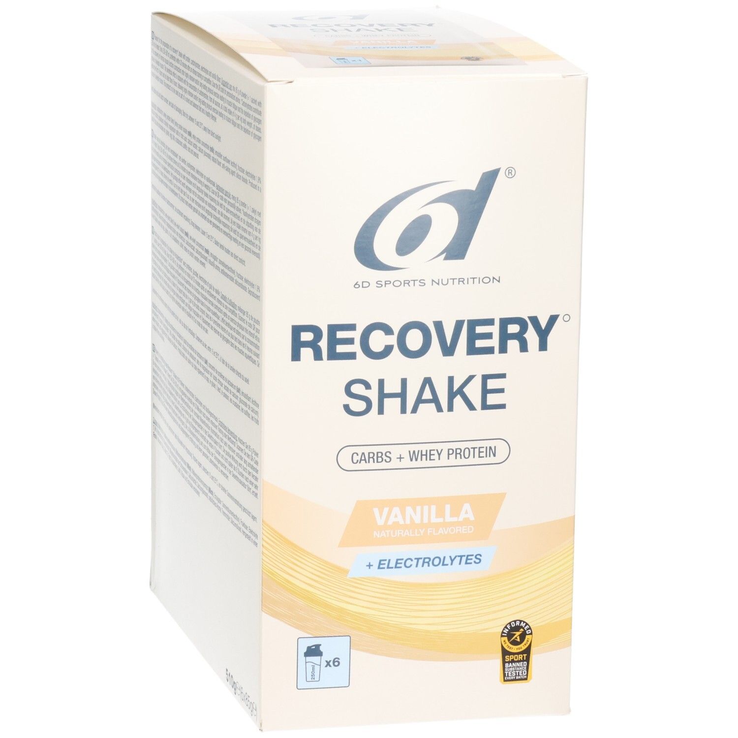 Boîte de Recovery Shake saveur vanille, 6x 85g sachets, Glucides + Protéine de lactosérum + Électrolytes.