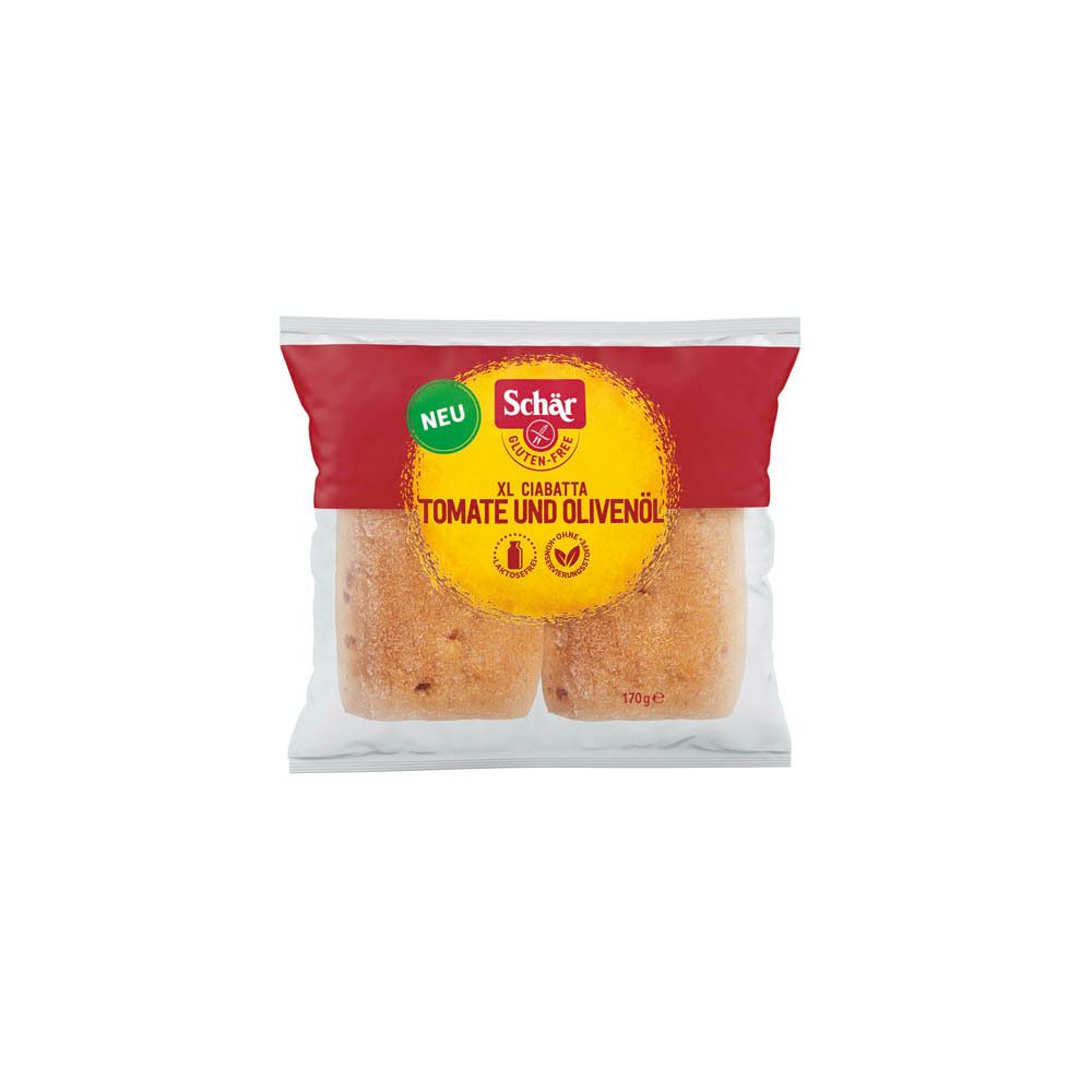 Verpakking met twee ciabatta broodjes. Opschrift: Schär, glutenvrij, tomaat en olijfolie. Rood en geel design.