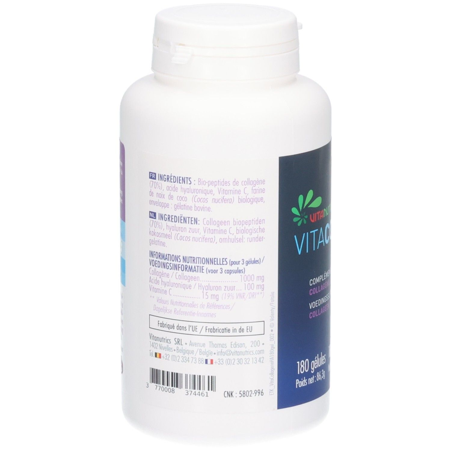 Witte fles met schroefdop. Etiket met ingrediënten en voedingswaarde. 180 capsules.