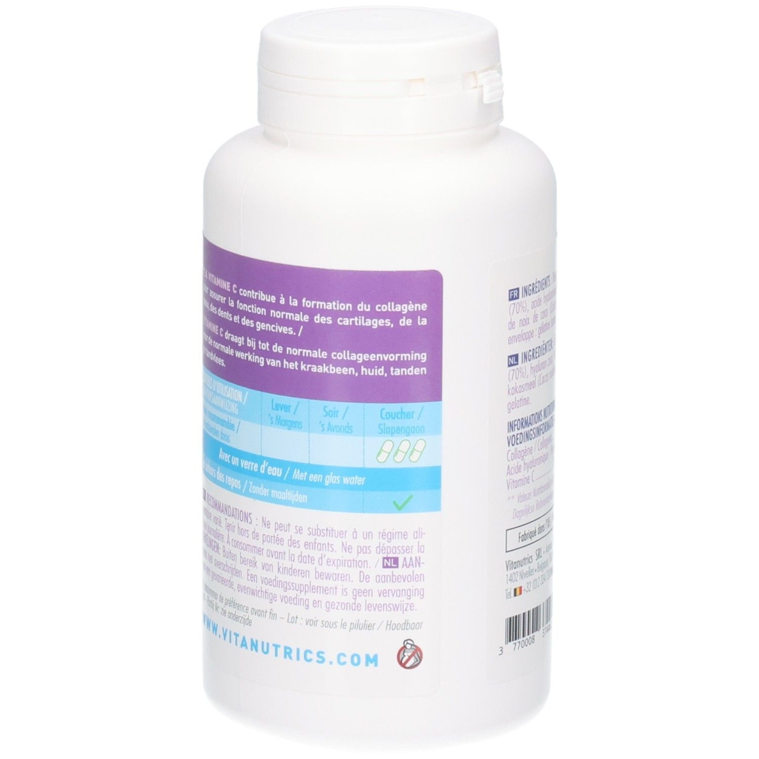 Witte fles met schroefdop. Etiket met gebruiksinformatie. Vitanutrics logo.