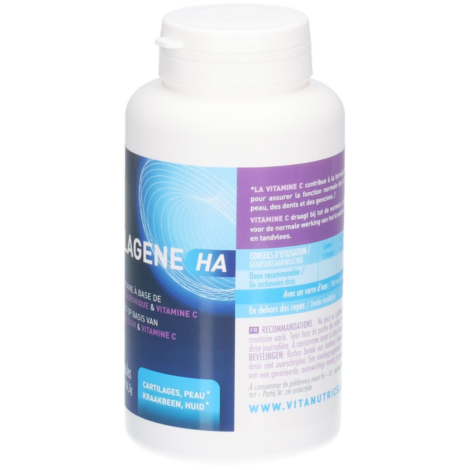 Witte fles met schroefdop. Etiket met productnaam: Vitacollagene HA. Blauw en wit design.