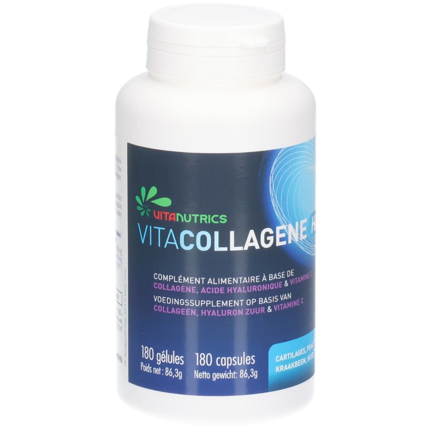 Witte fles met schroefdop. Etiket met productnaam: Vitacollagene HA. 180 capsules.