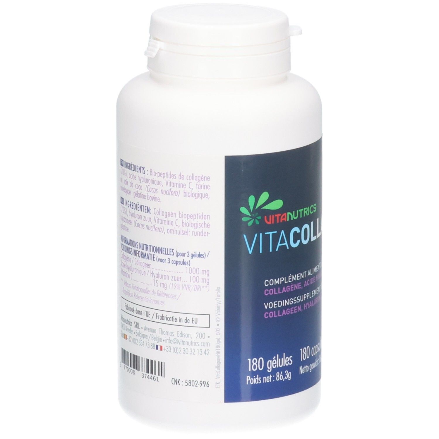 Witte fles met schroefdop. Etiket met productnaam: Vitacollagene HA. 180 capsules. Ingrediënten.