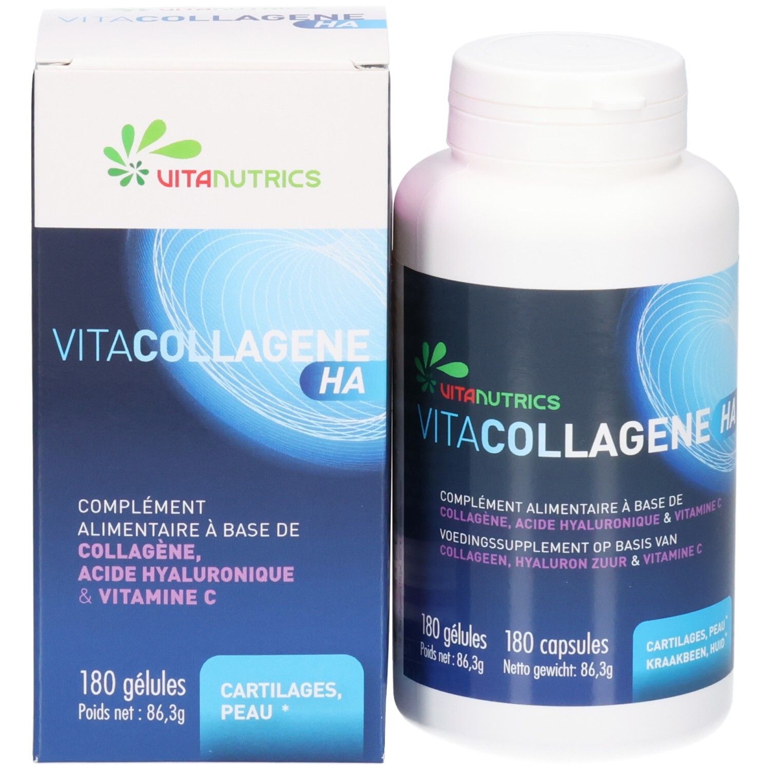 Productverpakking en fles. Verpakking met productnaam: Vitacollagene HA. 180 capsules. Fles ernaast.