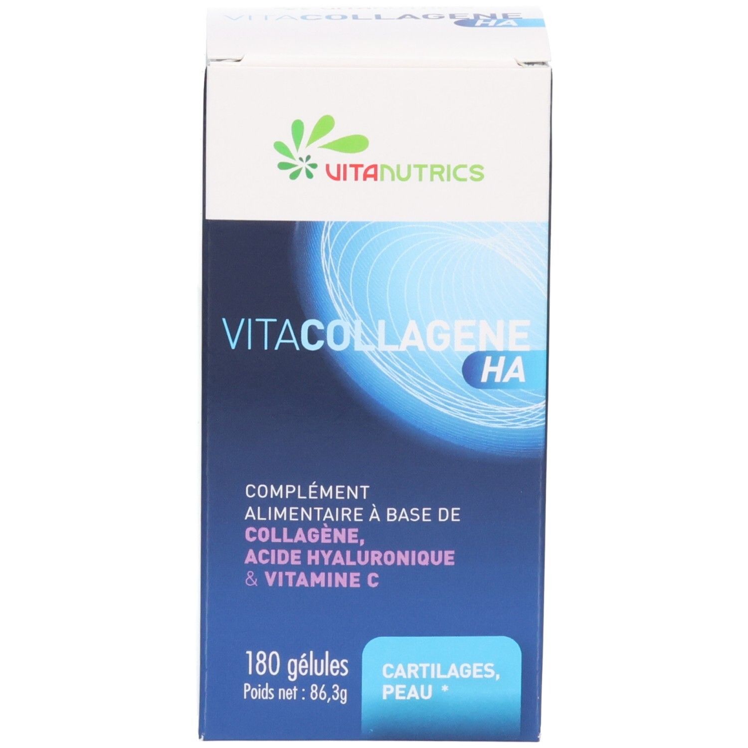 Productverpakking. Productnaam: Vitacollagene HA. 180 capsules. Blauw en wit design. Vitanutrics logo.