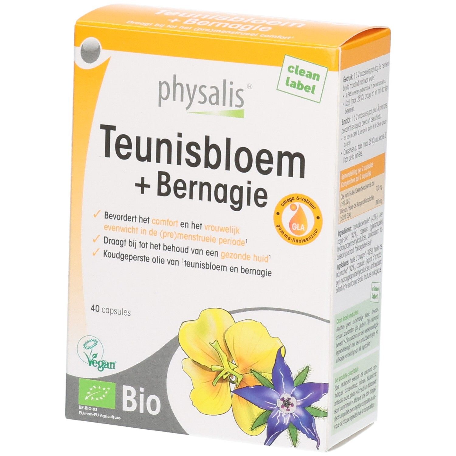 Physalis Onagre + Bourrache, 40 capsules. Certifié Bio avec illustration florale.