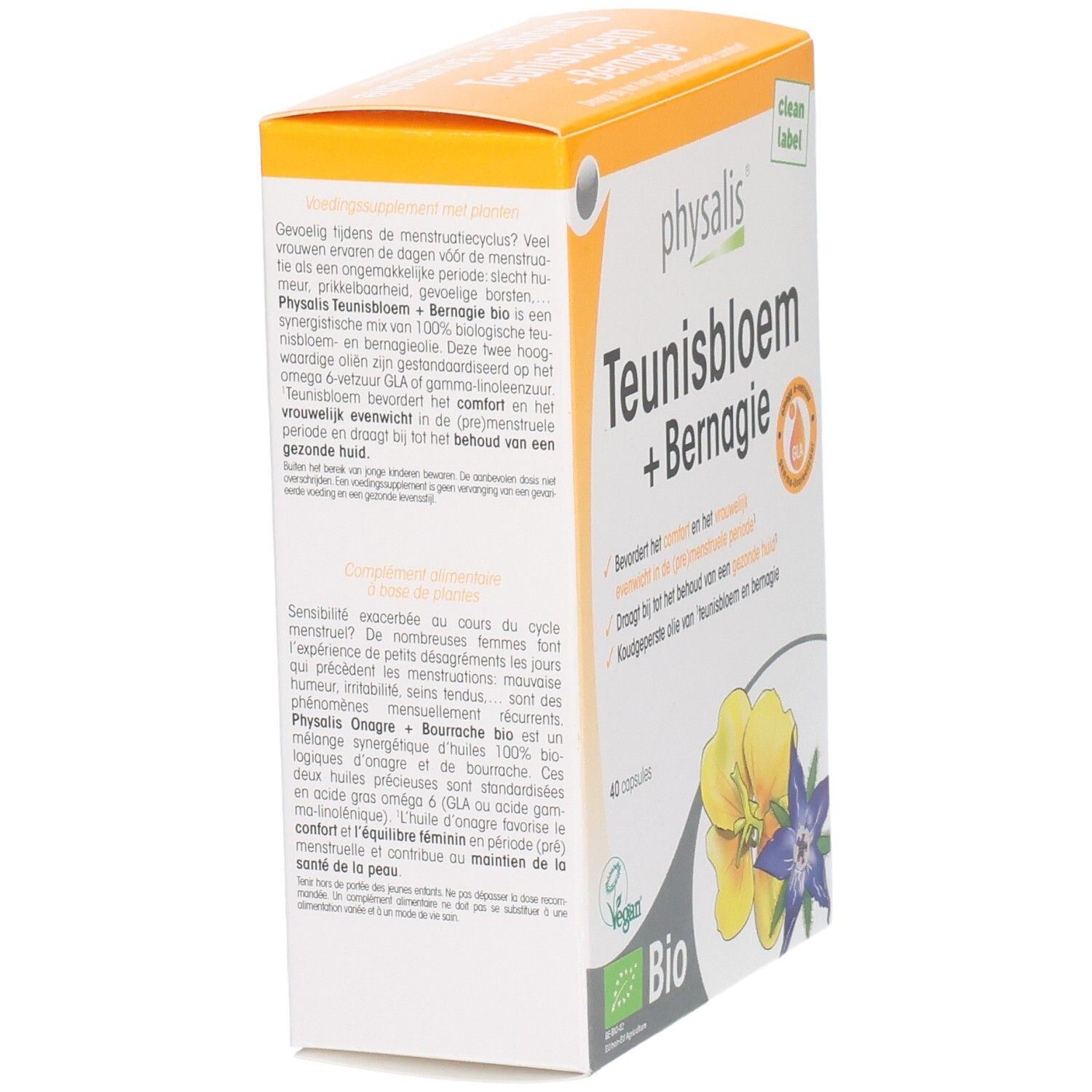 Dos de la boîte Physalis Onagre + Bourrache, avec ingrédients et instructions.
