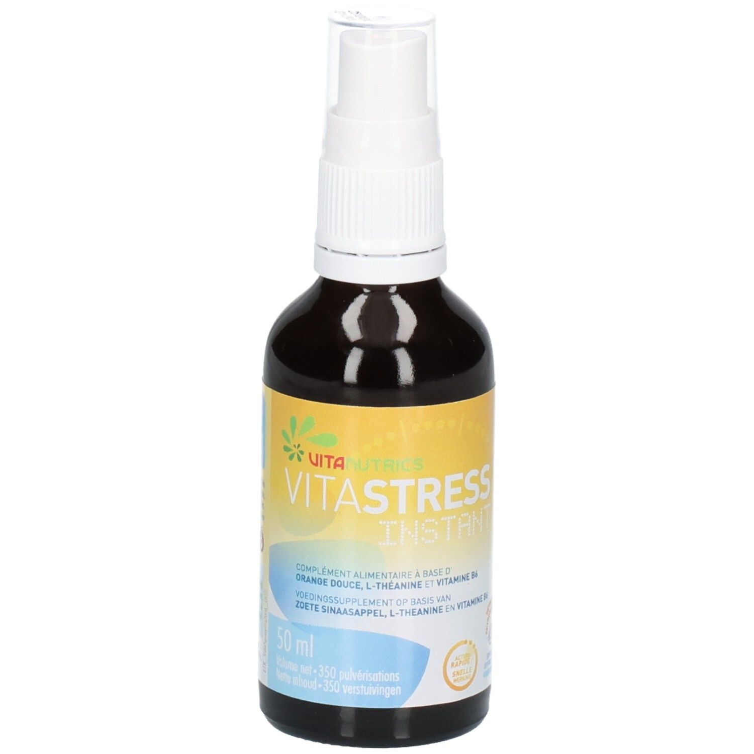 Bruine glazen fles met witte spraykop. Etiket met "VITA STRESS INSTANT" en "50 ml".