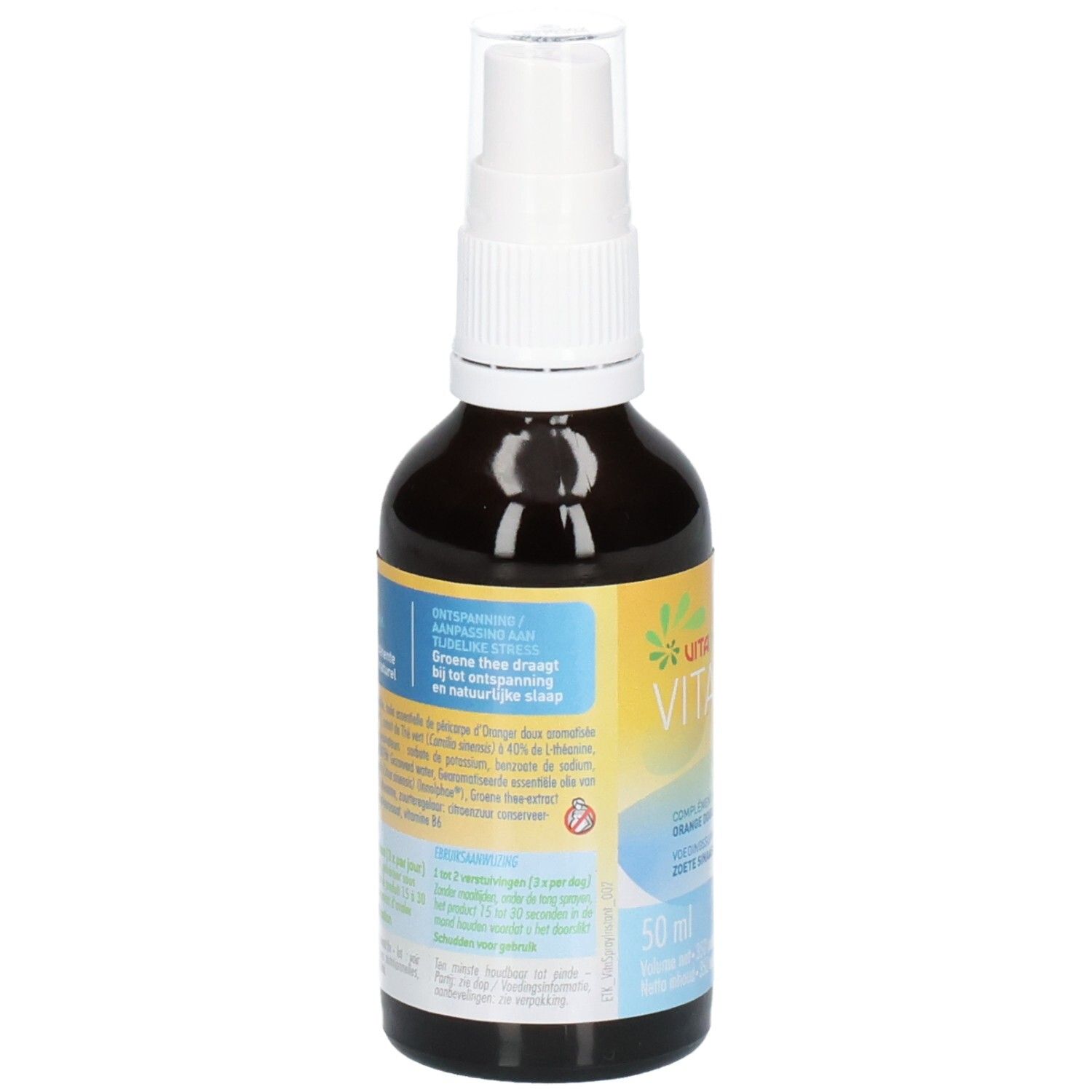Bruine glazen fles met witte spraykop. Etiket met tekst, waaronder "VITA STRESS INSTANT" en ingrediënten.