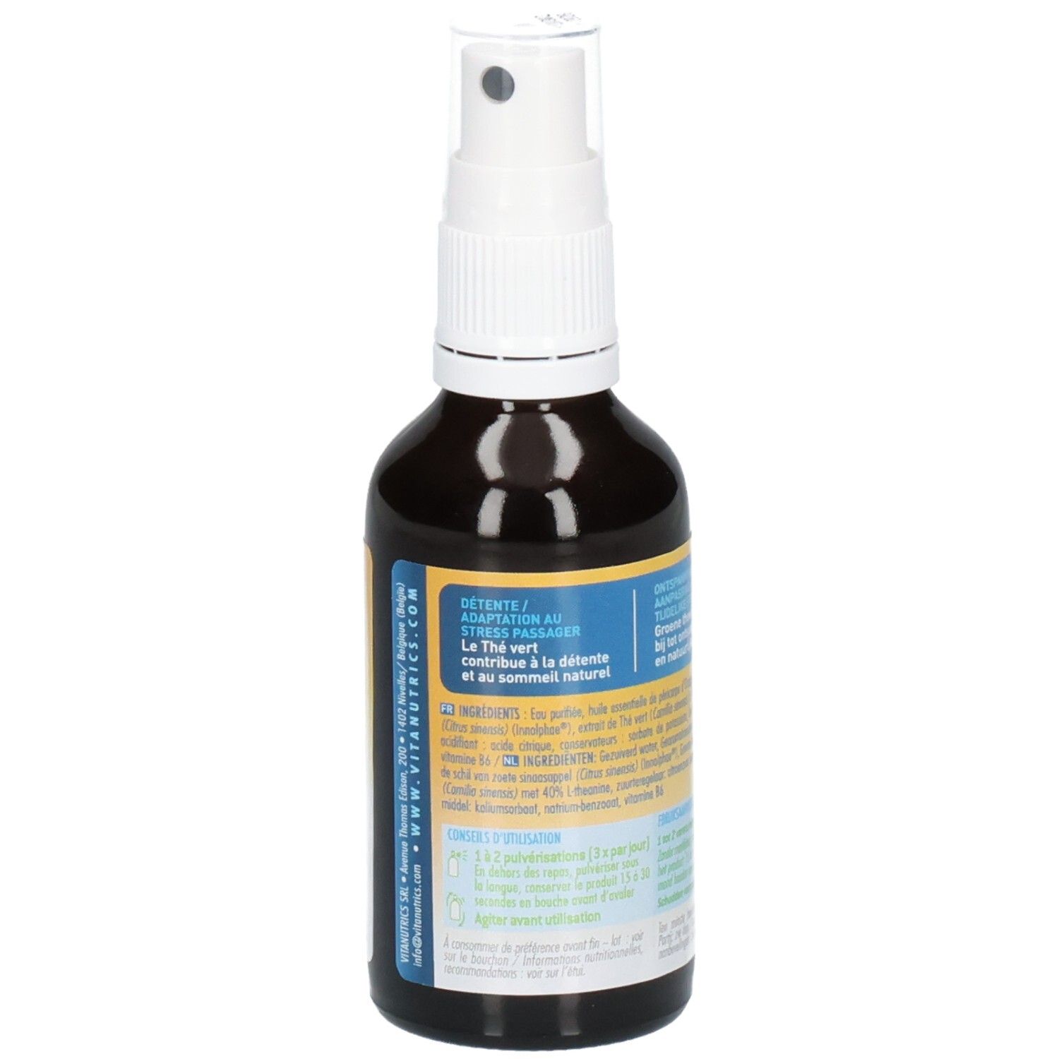 Bruine glazen fles met witte spraykop. Etiket met tekst, waaronder "VITA STRESS INSTANT" en ingrediënten.