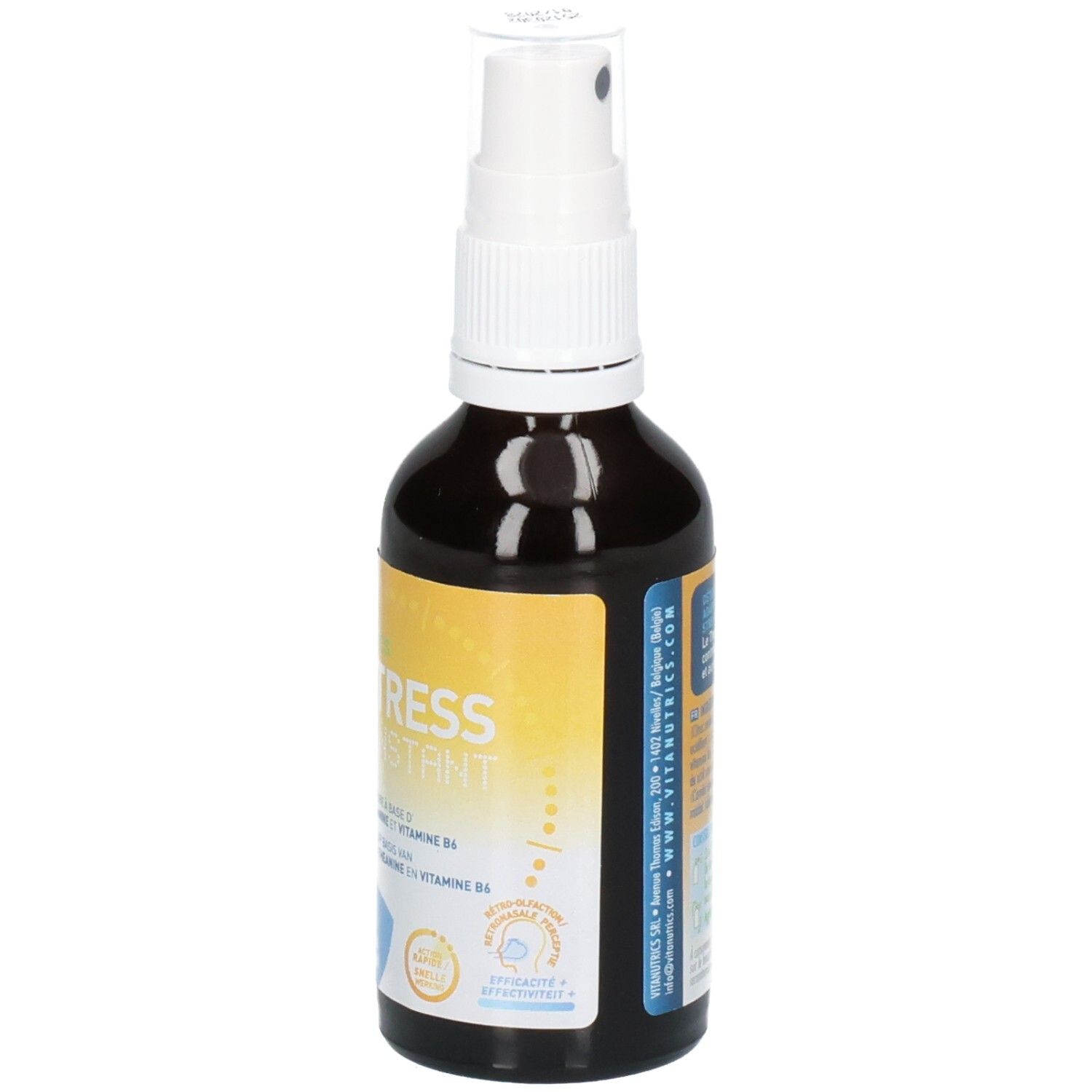 Bruine glazen fles met witte spraykop. Etiket met "VITA STRESS INSTANT" en ingrediënten.