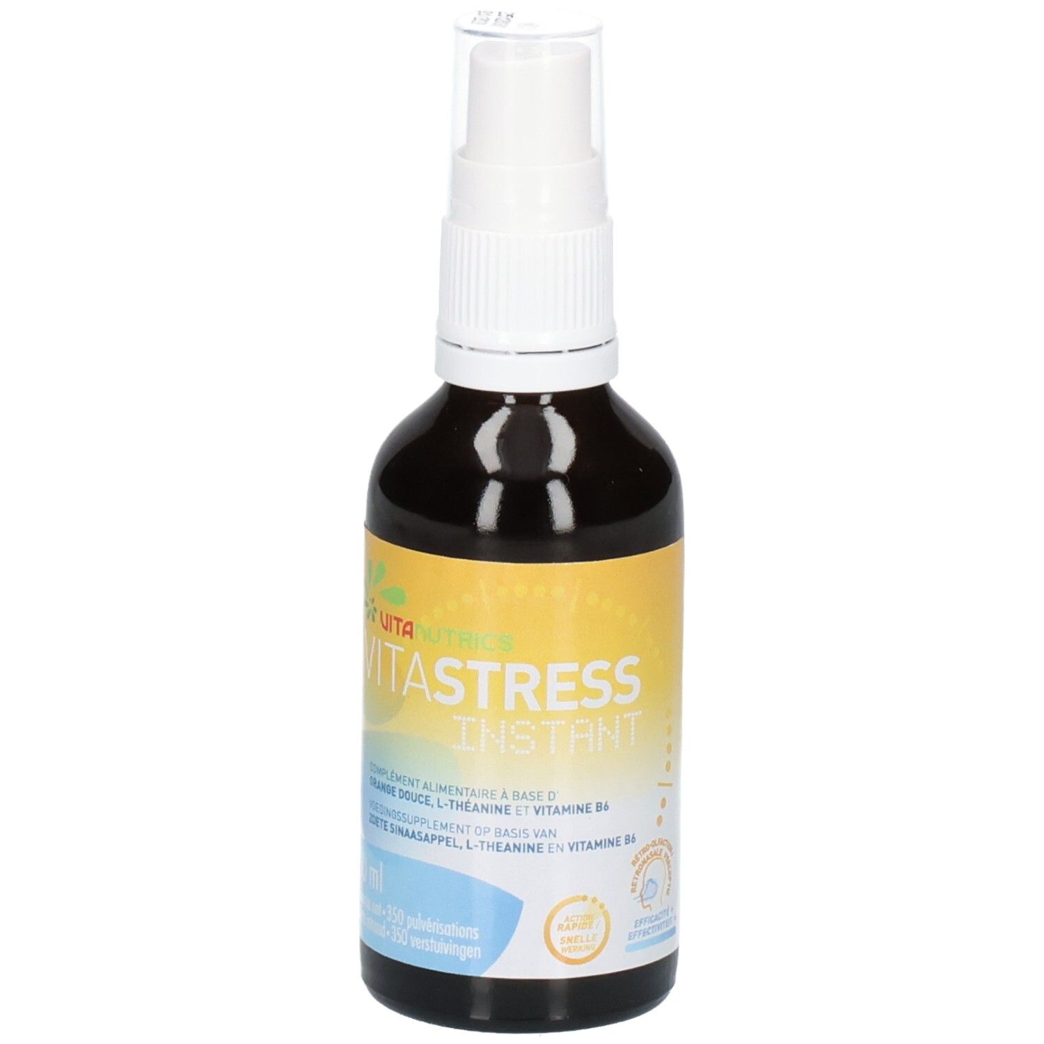 Bruine glazen fles met witte spraykop. Etiket met "VITA STRESS INSTANT" en ingrediënten.