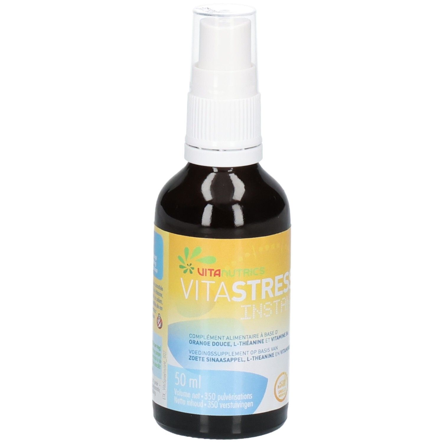 Bruine glazen fles met witte spraykop. Etiket met "VITA STRESS INSTANT" en ingrediënten.