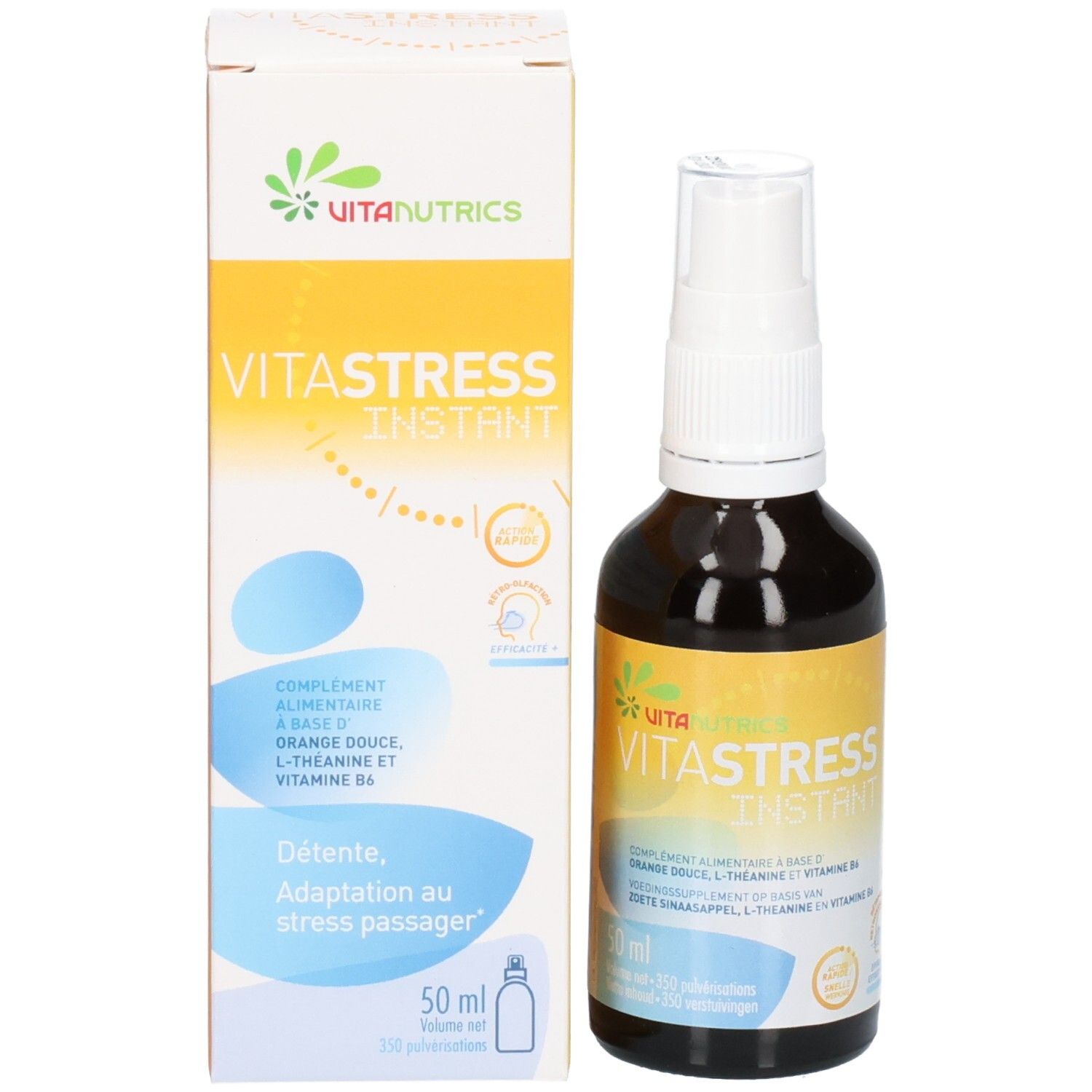 Productfles en verpakking. Fles met "VITA STRESS INSTANT". Verpakking met tekst en logo.