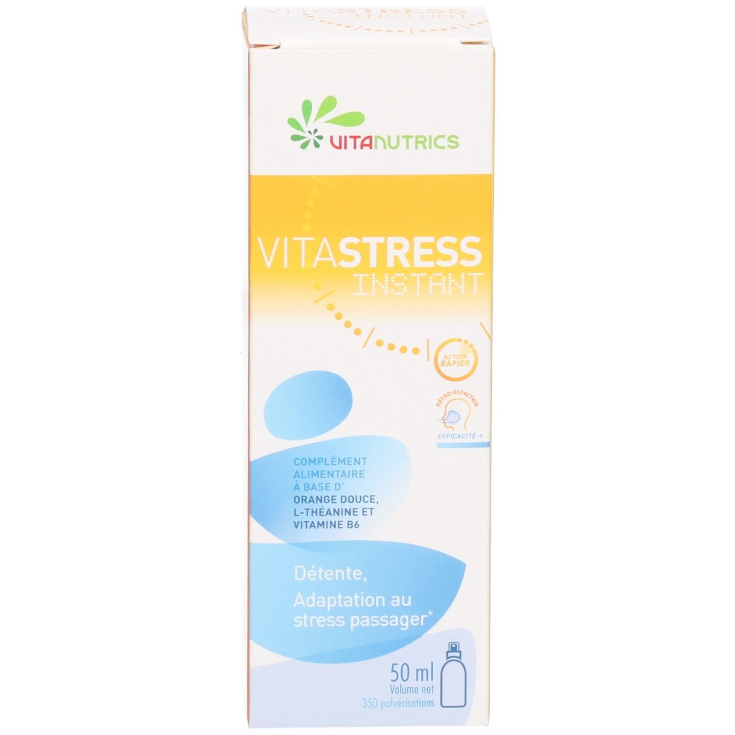Productverpakking. Witte doos met logo, productnaam "VITA STRESS INSTANT" en tekst.