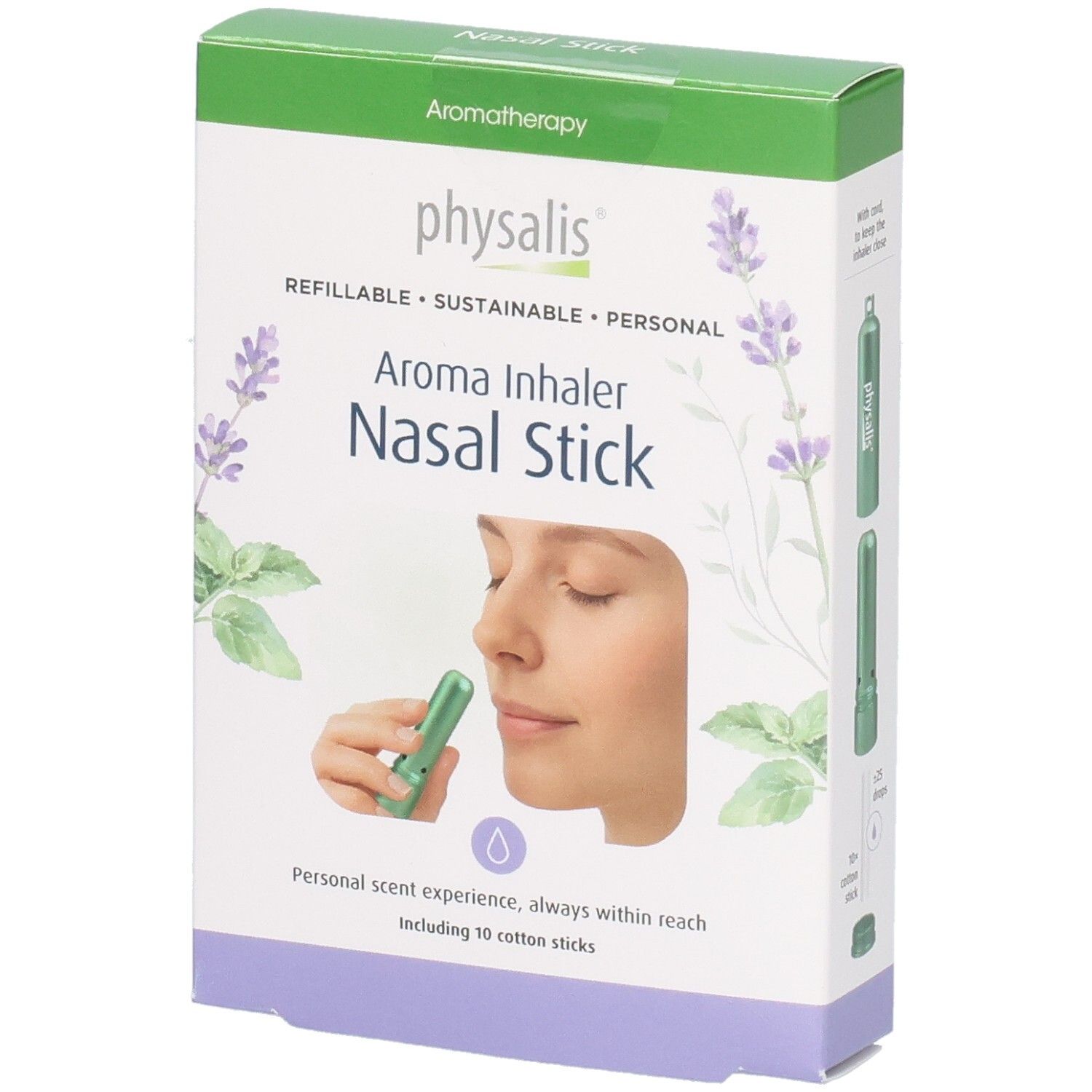 Boîte avec couvercle vert. Inscription: Physalis Aroma Inhaler Nasal Stick. Illustration d'une femme avec un inhalateur.